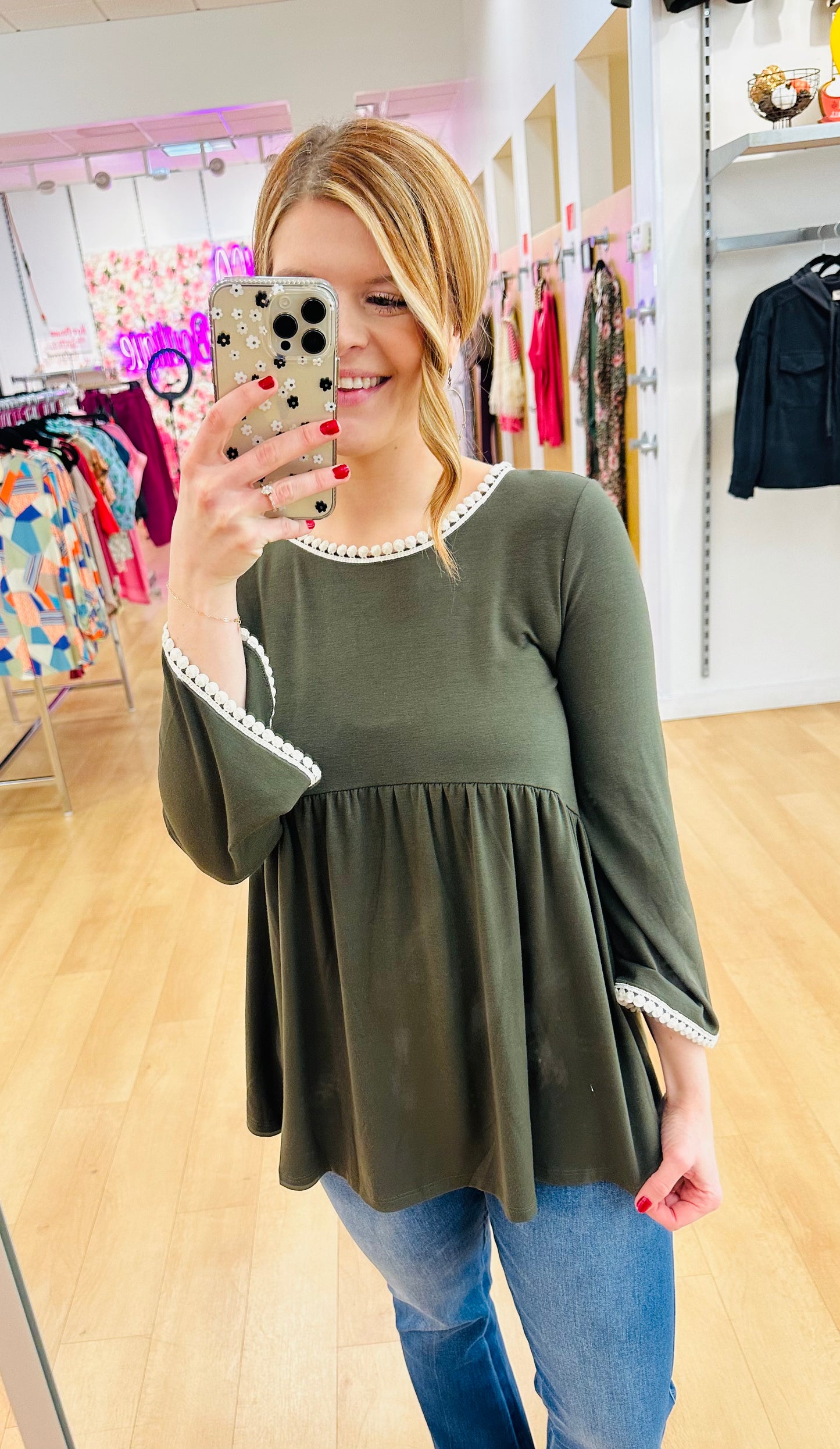 Zenana PomPom Trim Empire Waist Shirring Top