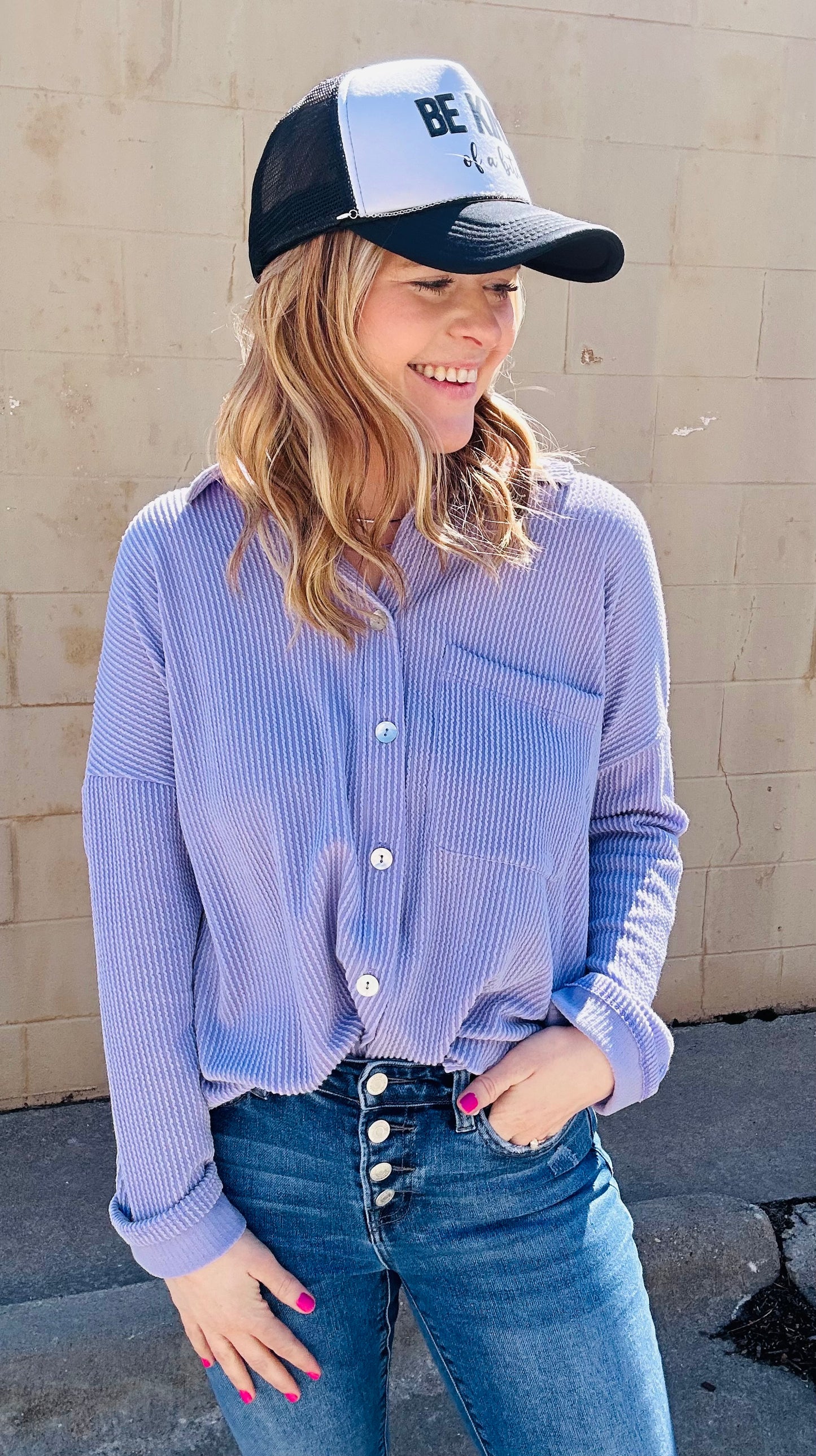 Ribbed Long Sleeve Button Up Top