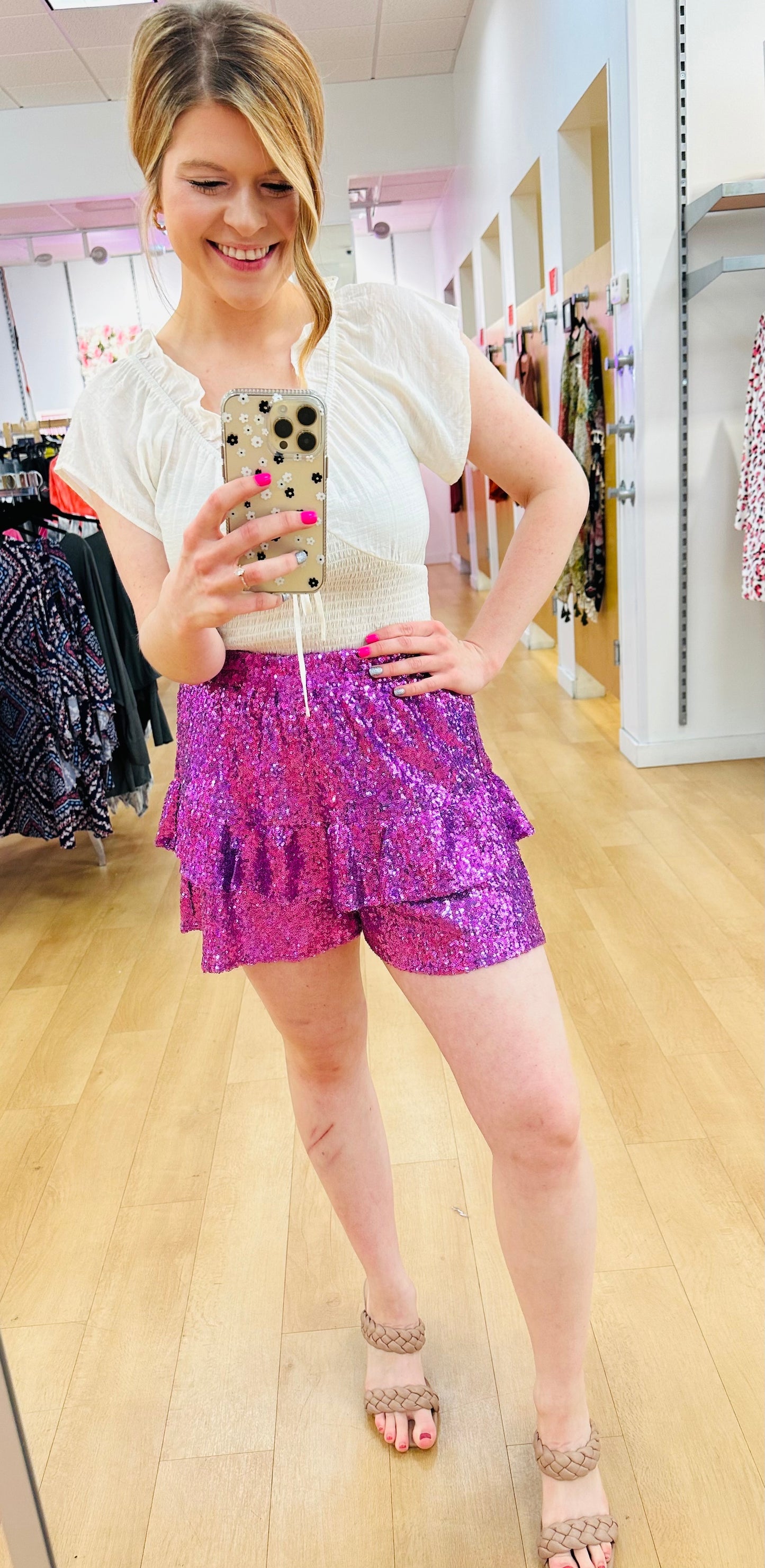 Ruffle Bottom Sequin Shorts