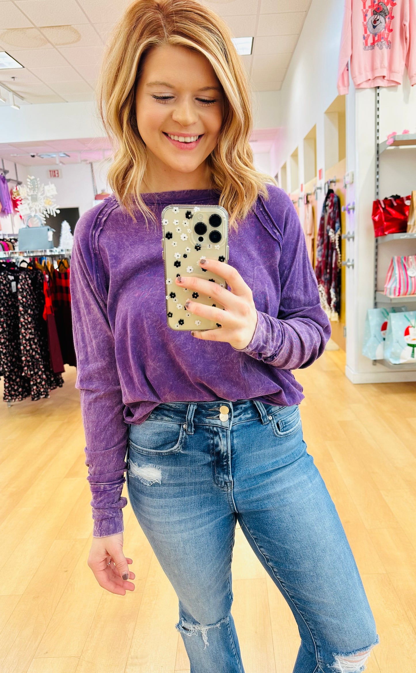 Long Sleeve Acid Wash Top w/ Thumb Holes