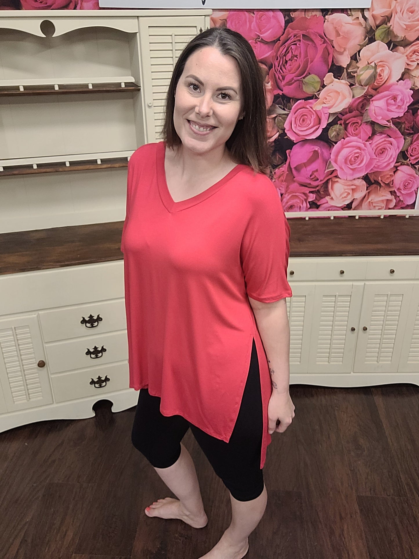 Zenana Luxe Rayon V Neck Side Slit Top