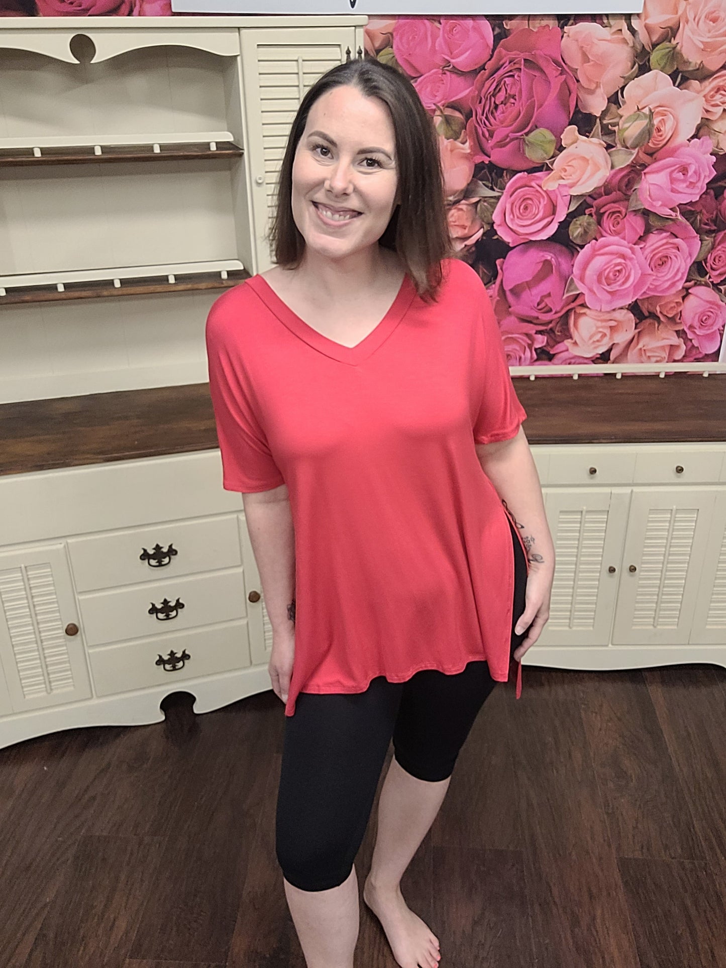 Zenana Luxe Rayon V Neck Side Slit Top