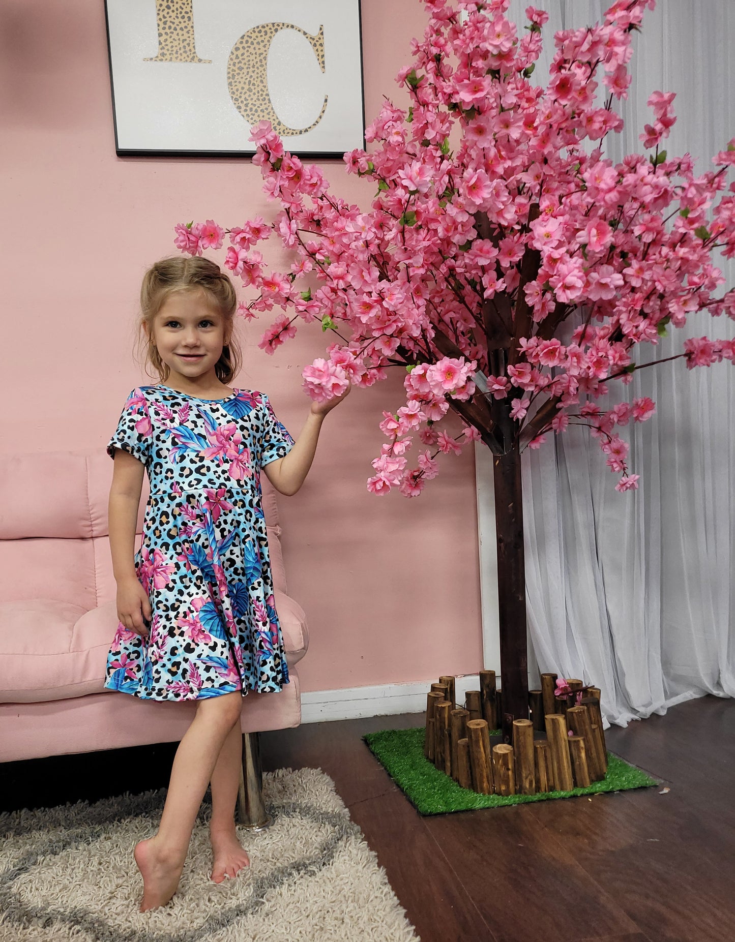 TROPICAL FLOWERS & ANIMAL PRINTED TWIRL DRESS