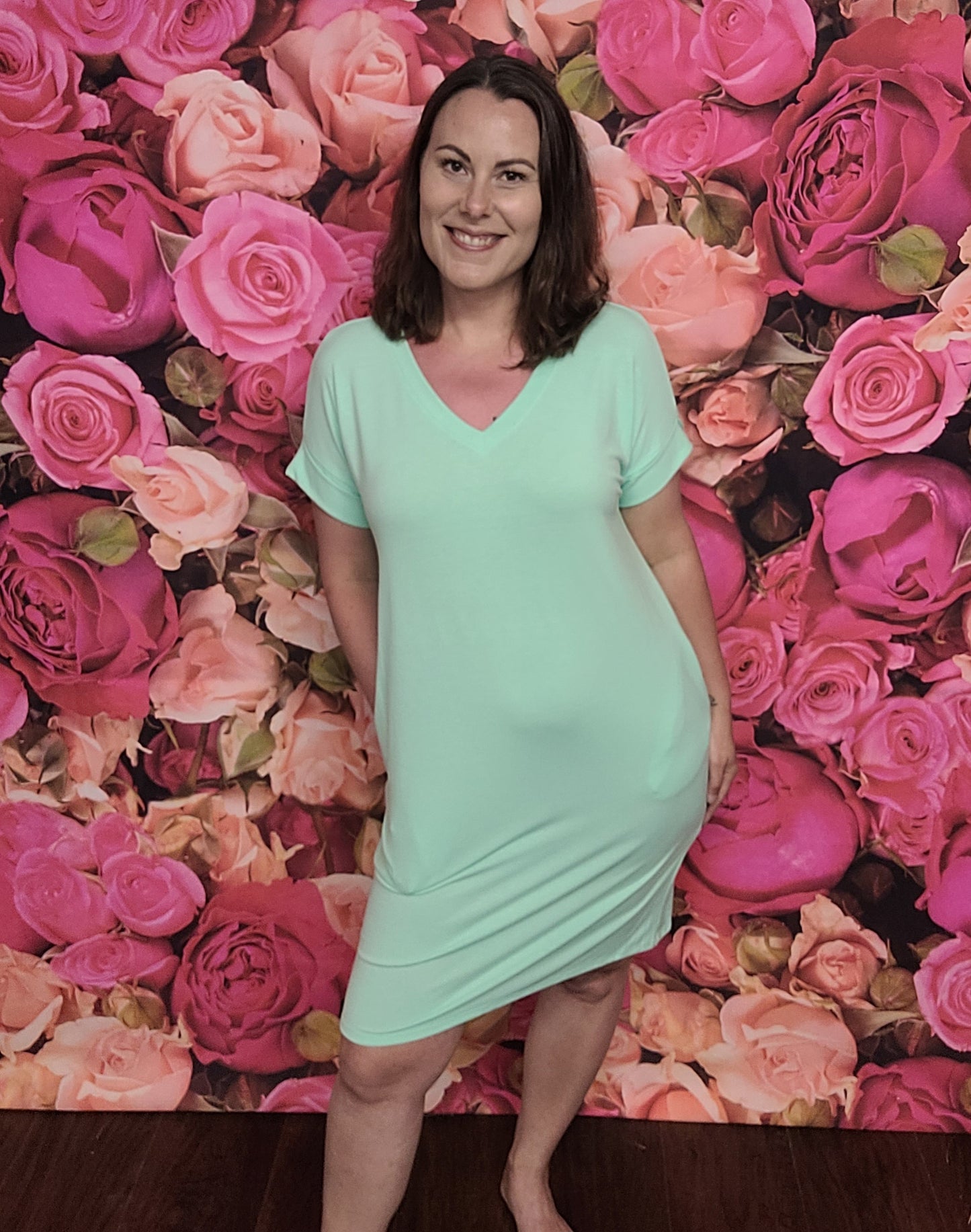 Zenana V Neck Rolled Sleeve Dress