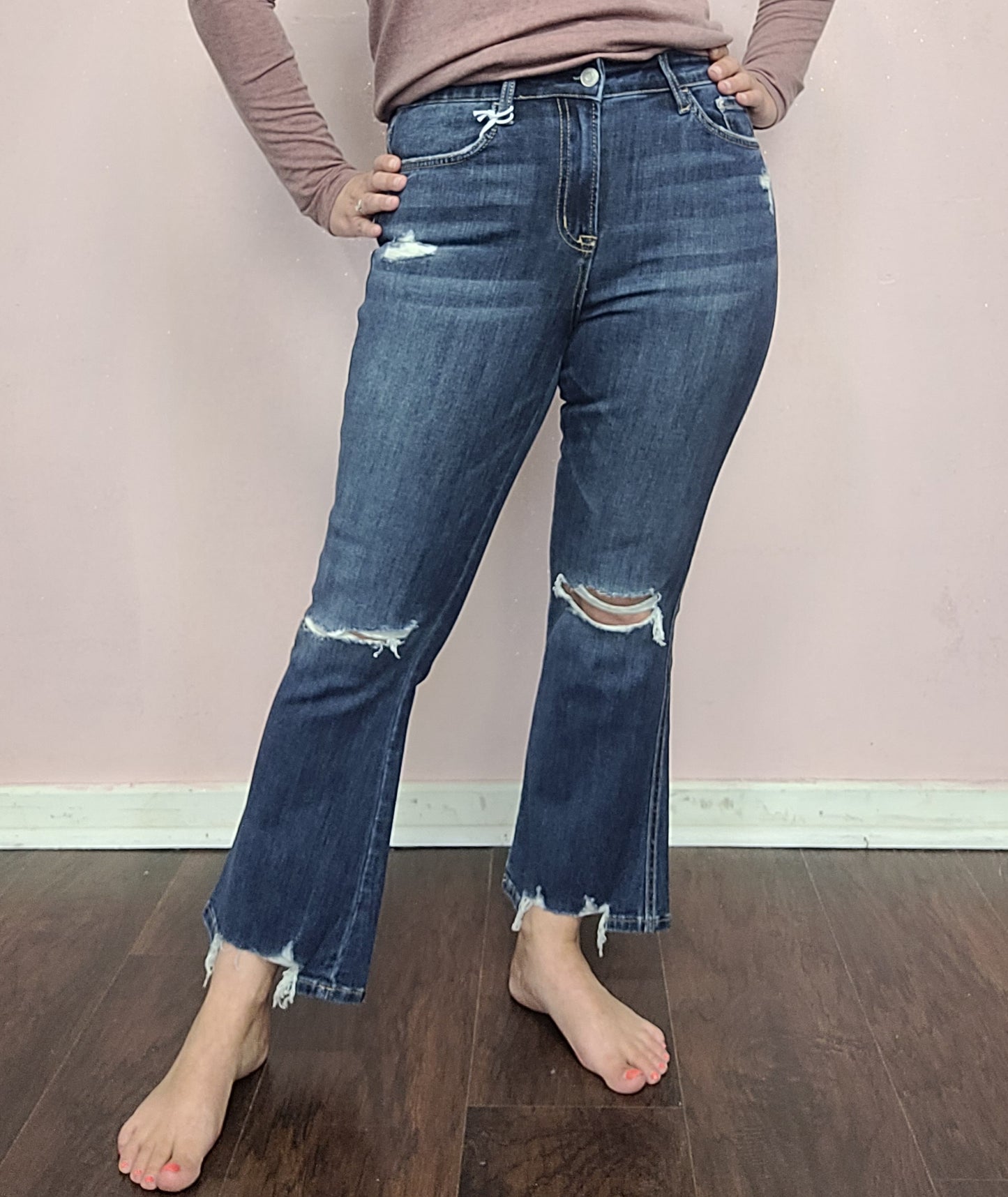 Zenana Distressed High Rise Crop Flare Denim