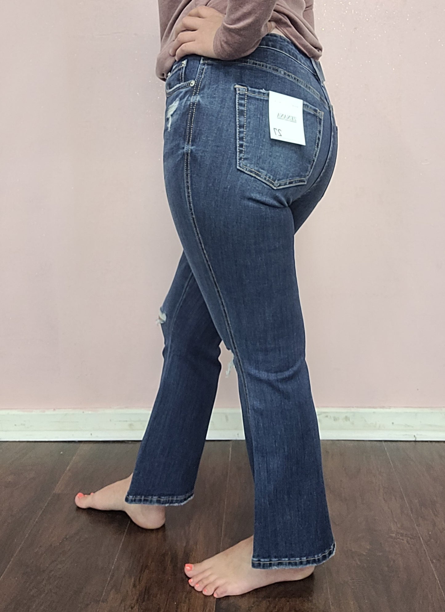 Zenana Distressed High Rise Crop Flare Denim