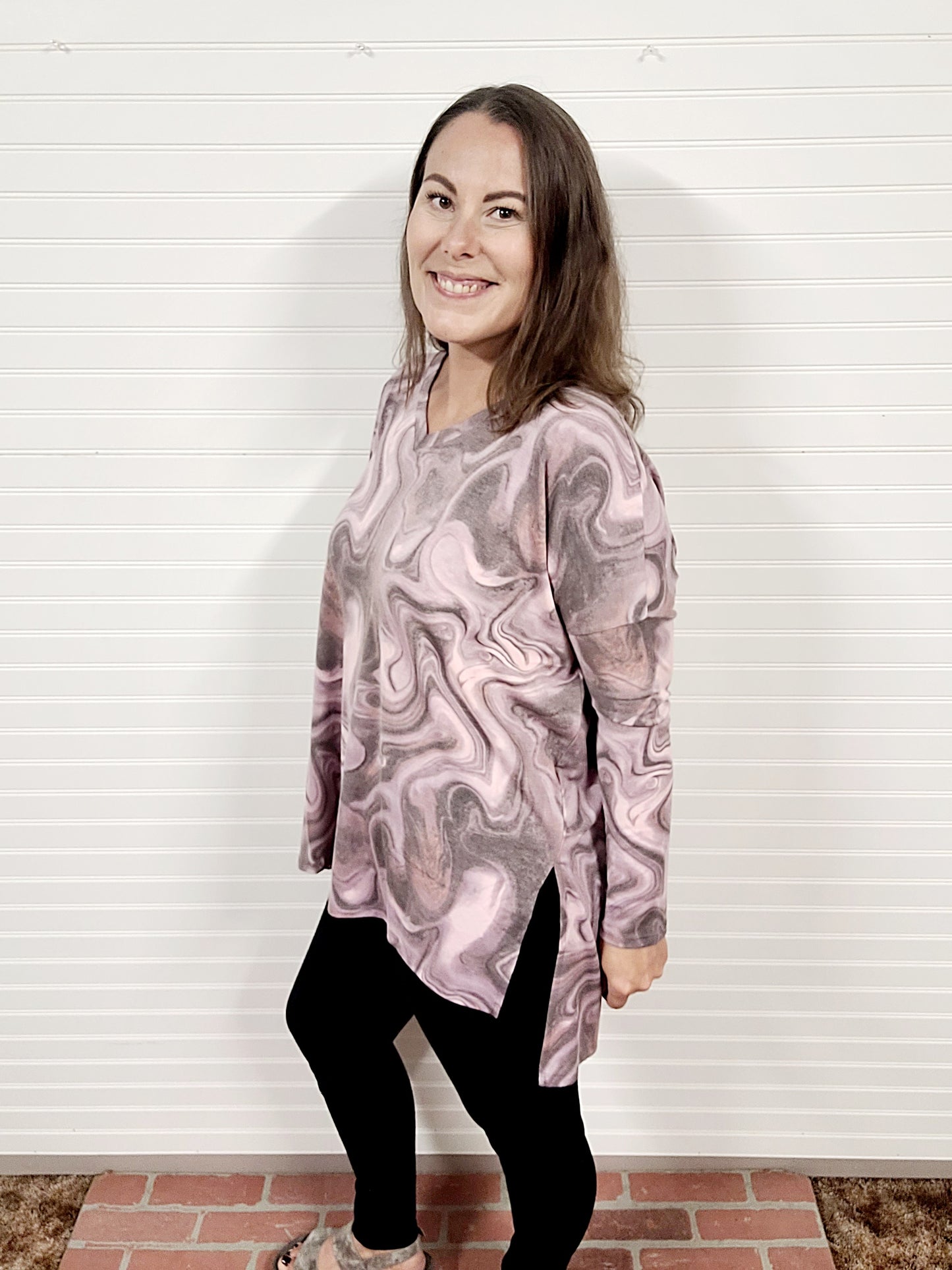 Zenana Printed Dolman Long Sleeve V Neck Hi-Low Hem Top
