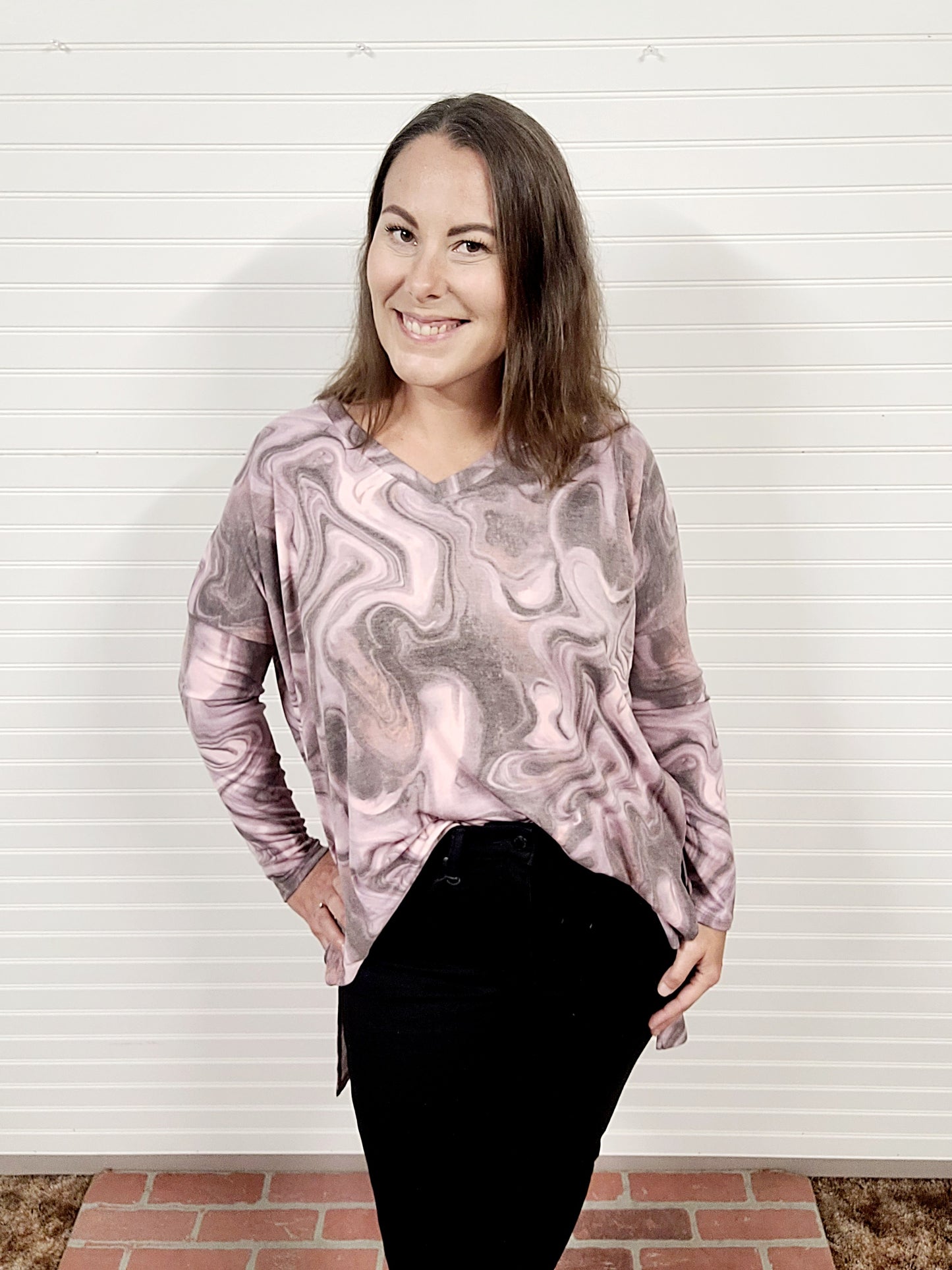 Zenana Printed Dolman Long Sleeve V Neck Hi-Low Hem Top