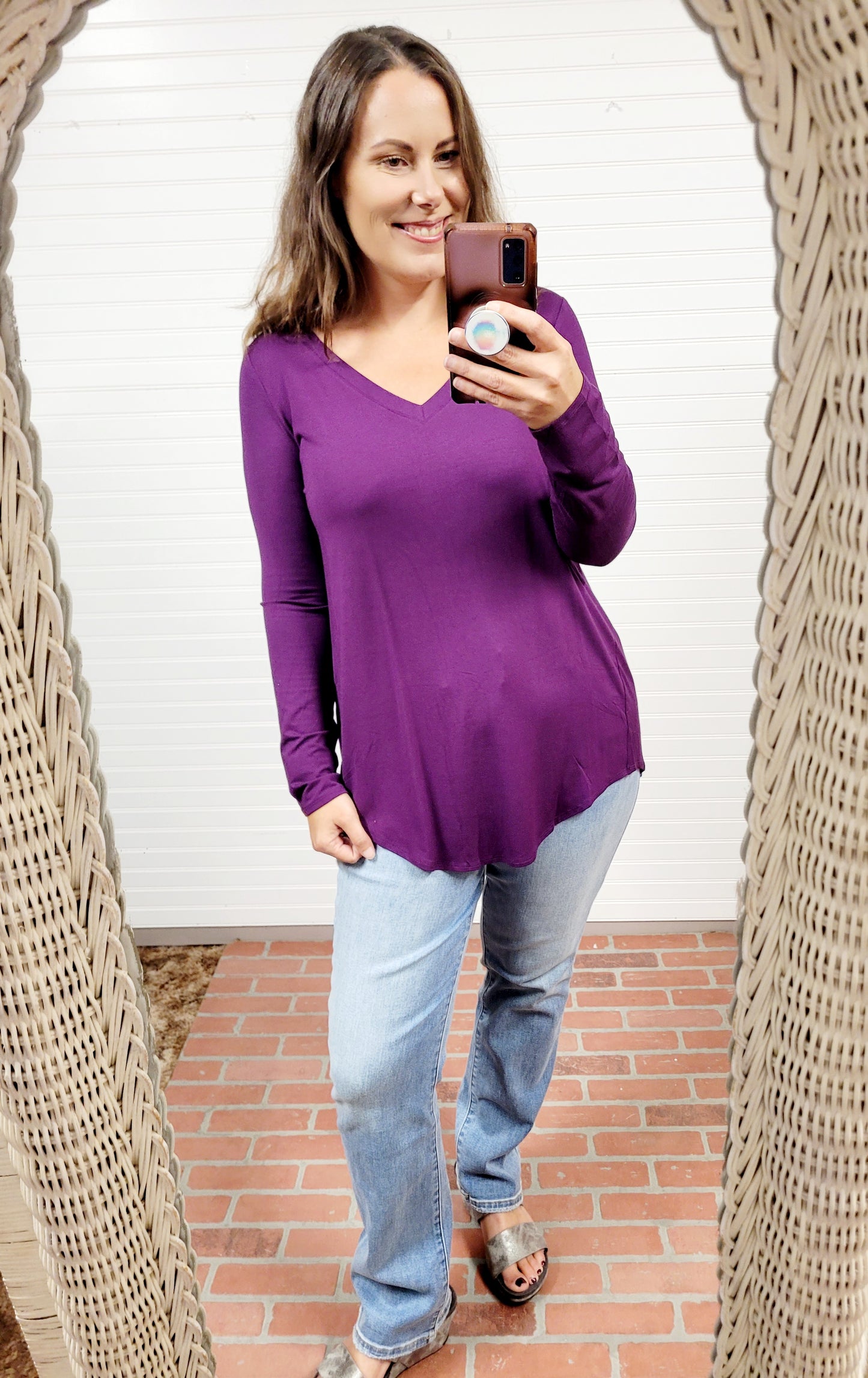 Zenana Luxe Rayon Long Sleeve V-Neck Dolphin Hem Top