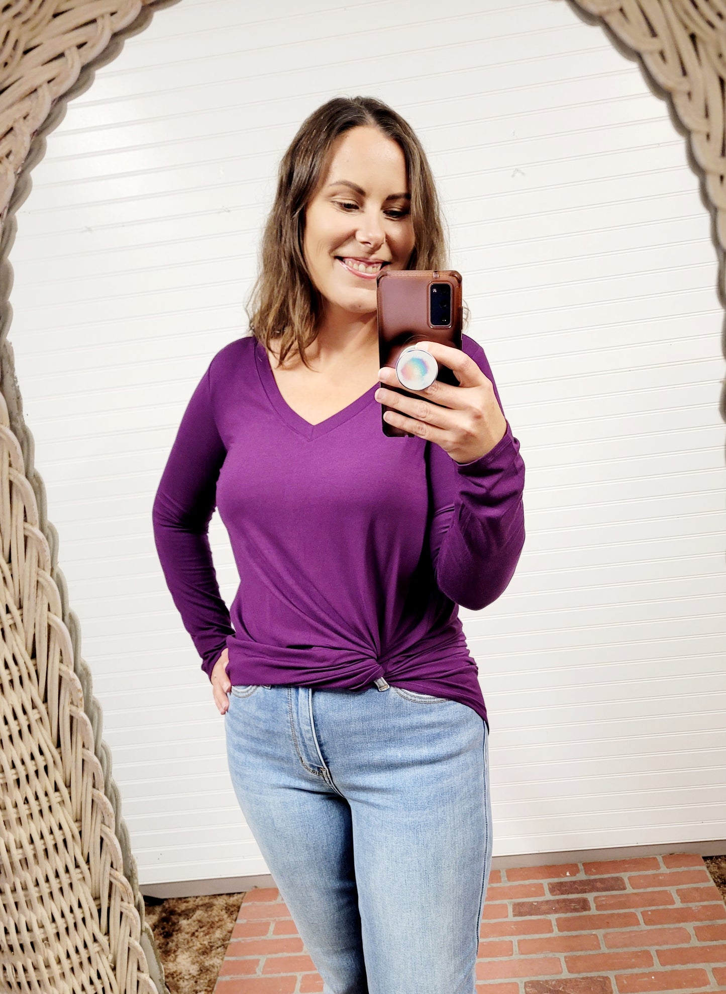 Zenana Luxe Rayon Long Sleeve V-Neck Dolphin Hem Top