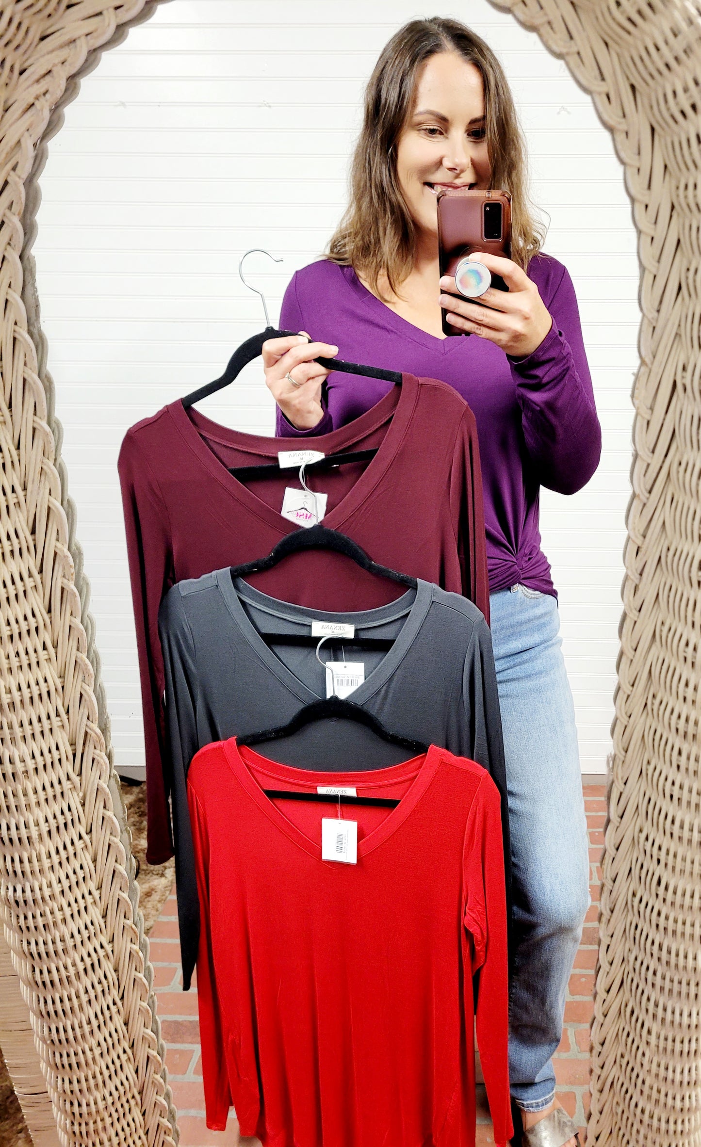 Zenana Luxe Rayon Long Sleeve V-Neck Dolphin Hem Top