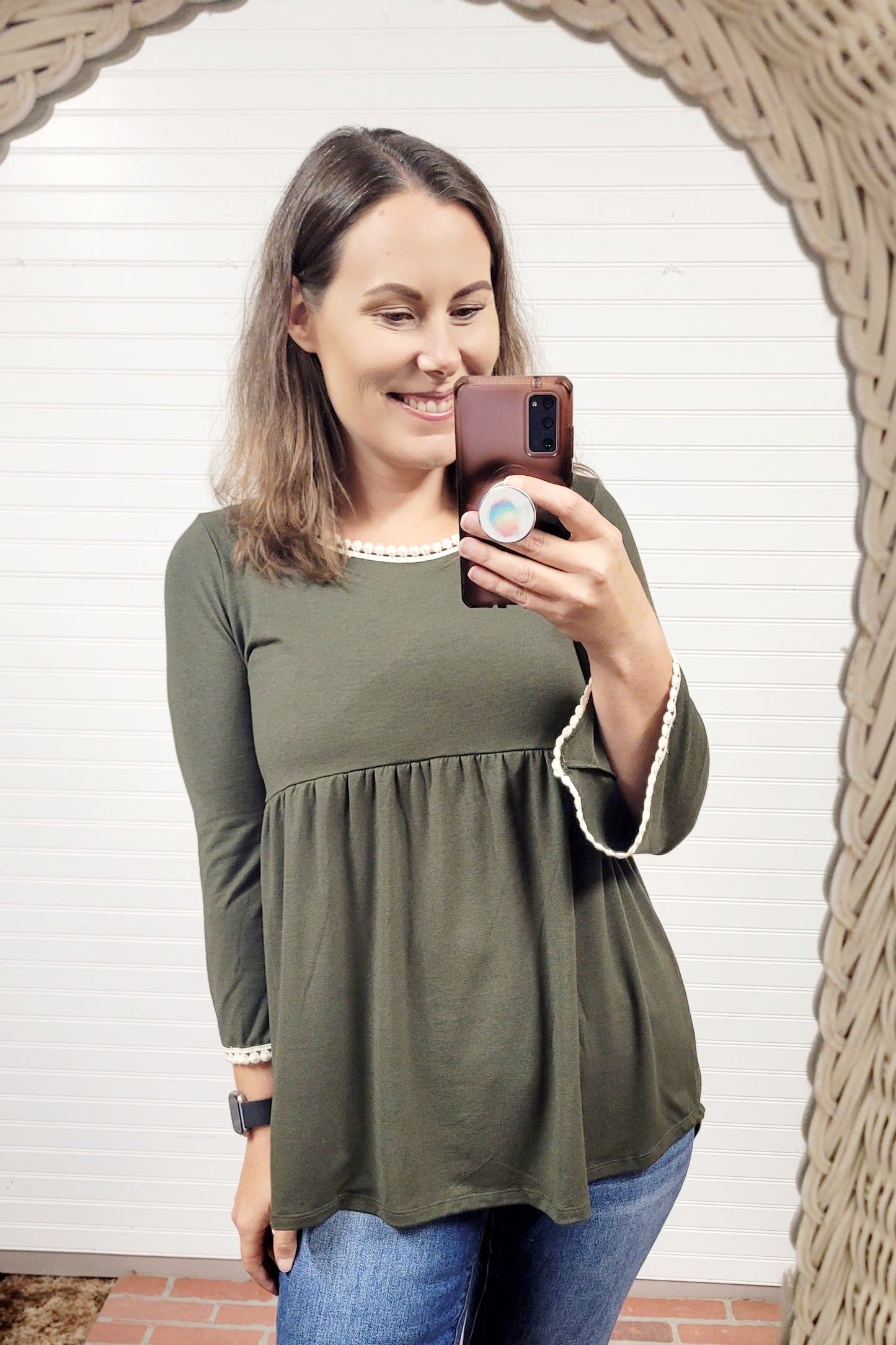 Zenana PomPom Trim Empire Waist Shirring Top
