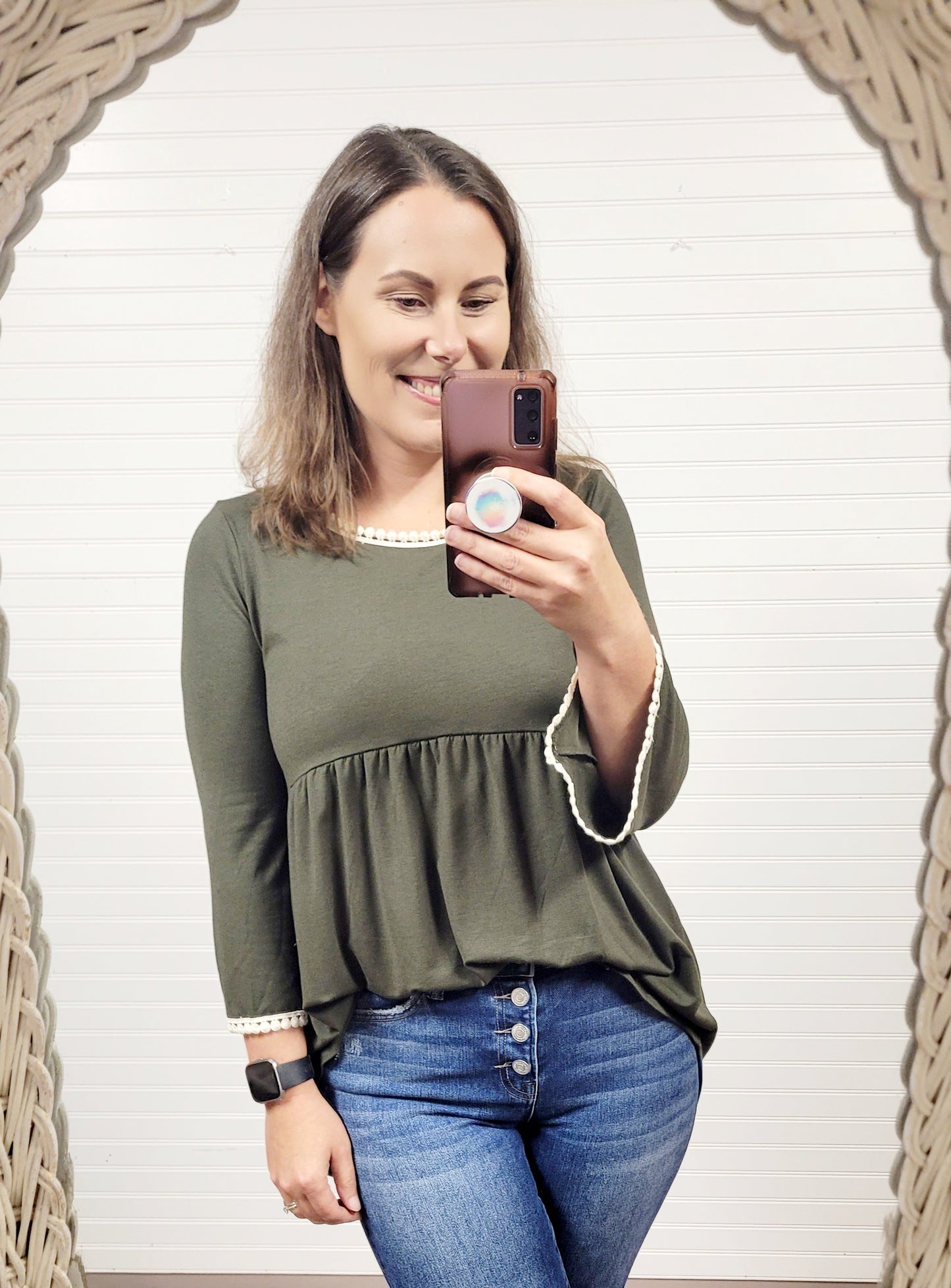 Zenana PomPom Trim Empire Waist Shirring Top