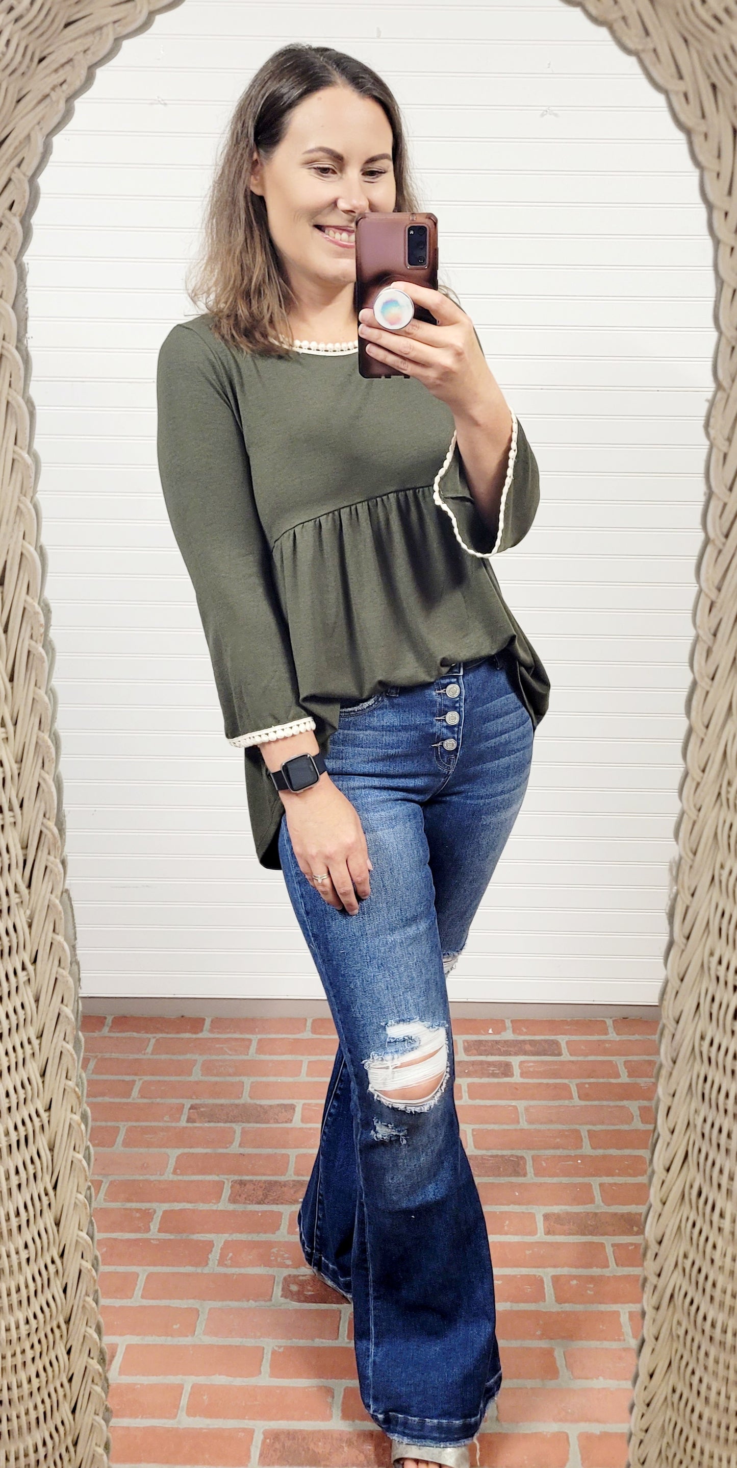 Zenana PomPom Trim Empire Waist Shirring Top