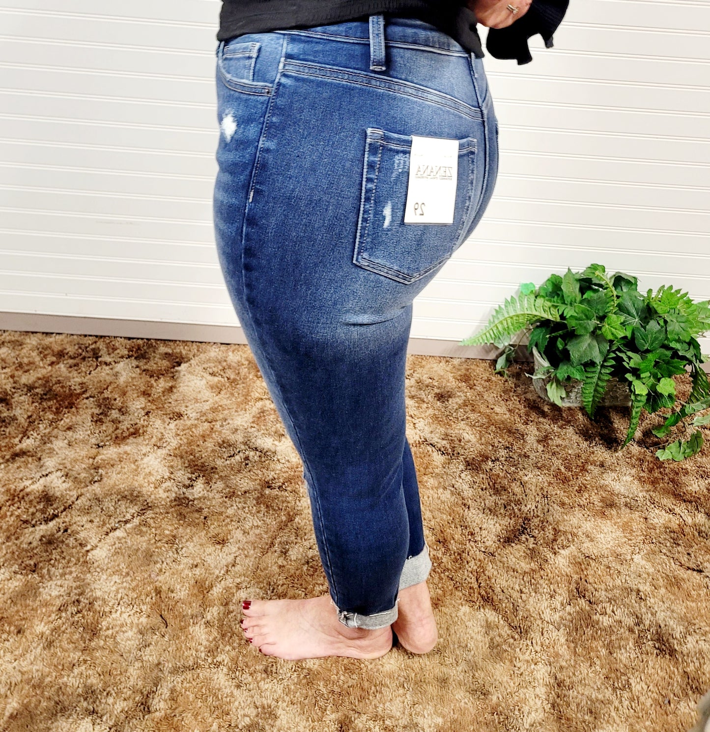 Zenana Mid Rise Distressed Cuffed Hem Skinny Denim Jeans