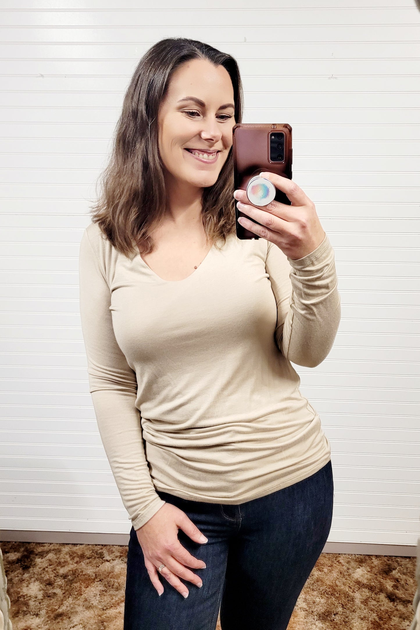 Double Faced V Neck Long Sleeve Top
