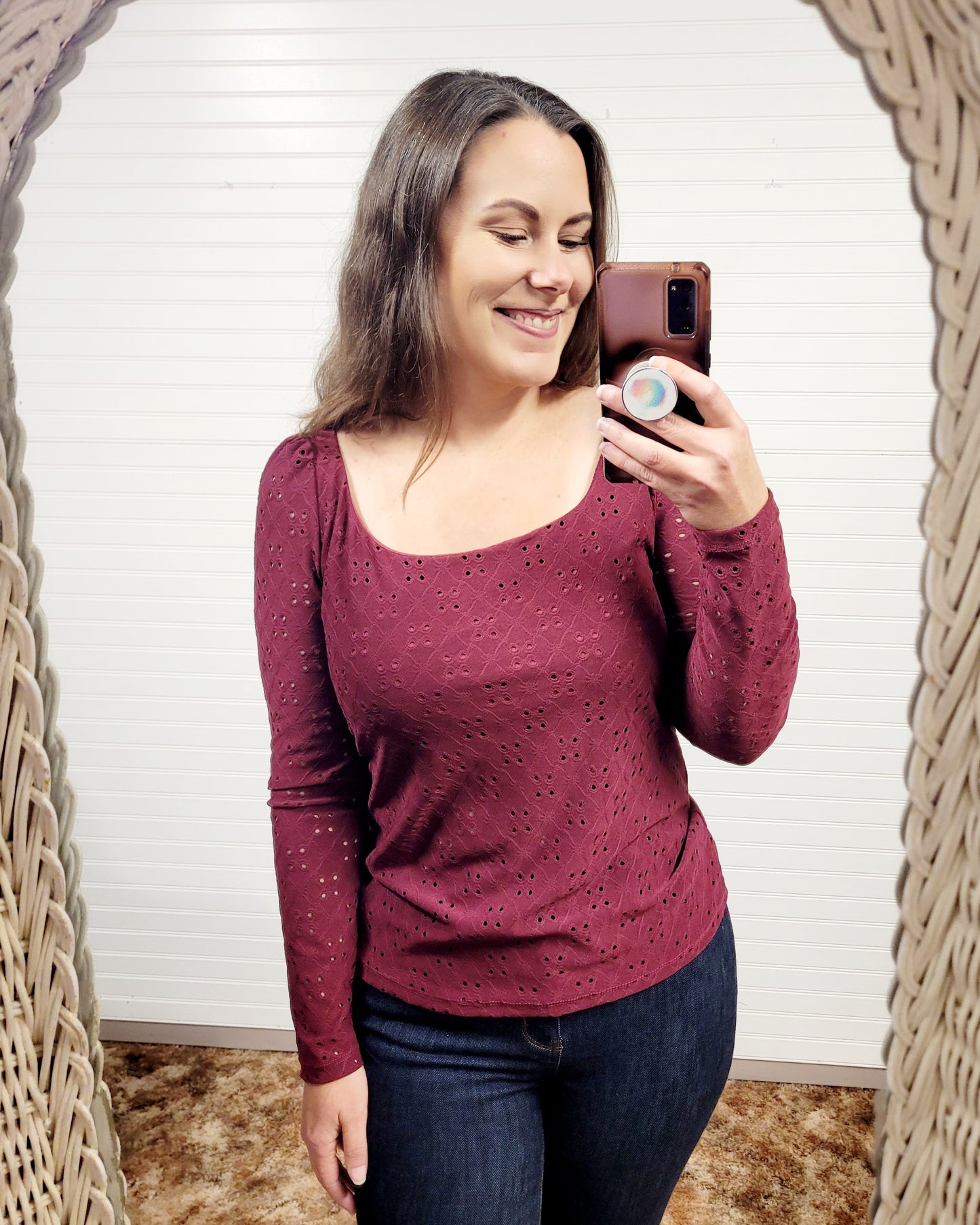 Square Neck Eyelet Long Sleeve Top