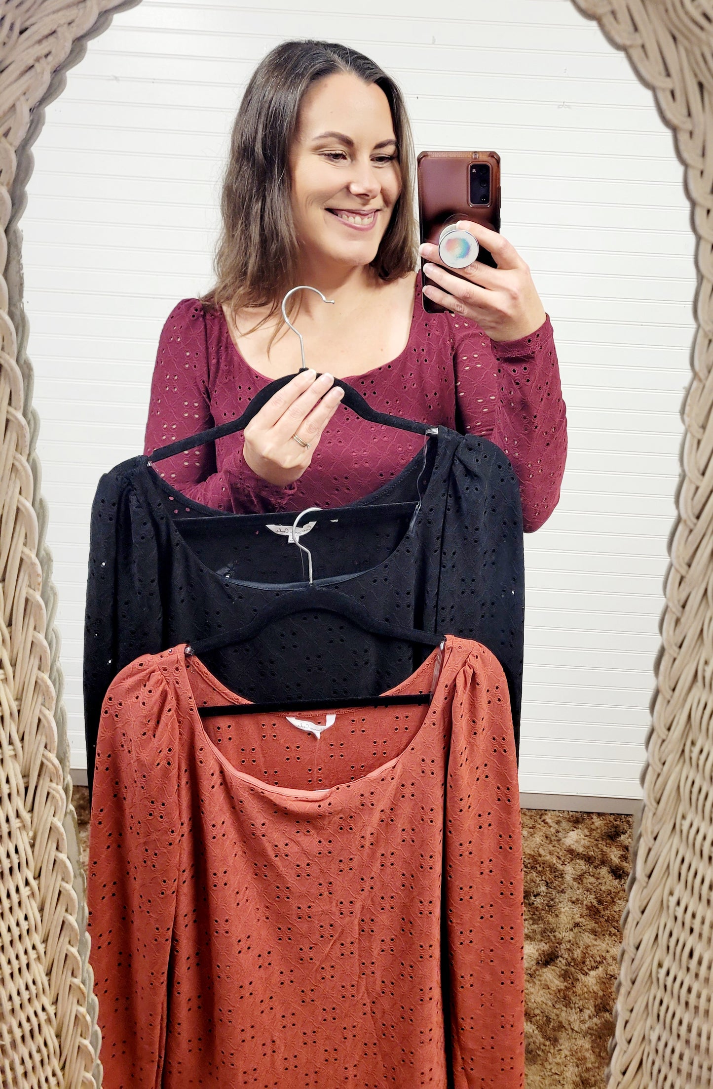Square Neck Eyelet Long Sleeve Top