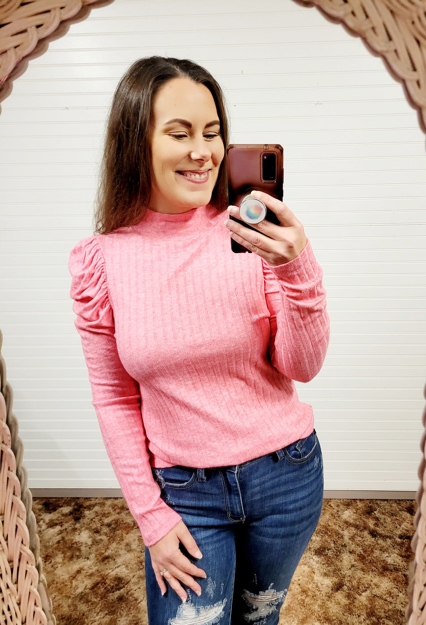 Zenana Ribbed Puff Long Sleeve Mock Neck Top