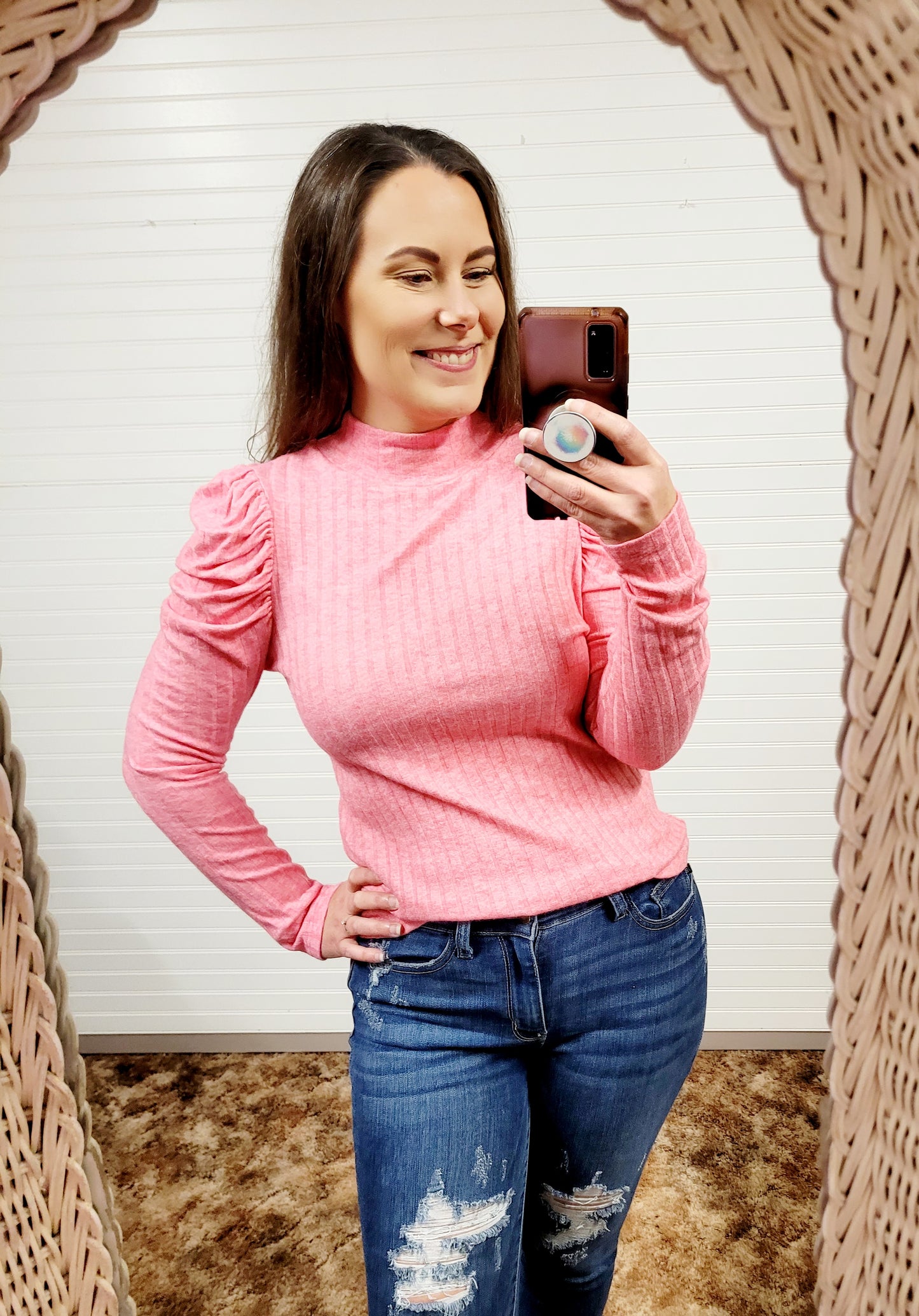 Zenana Ribbed Puff Long Sleeve Mock Neck Top