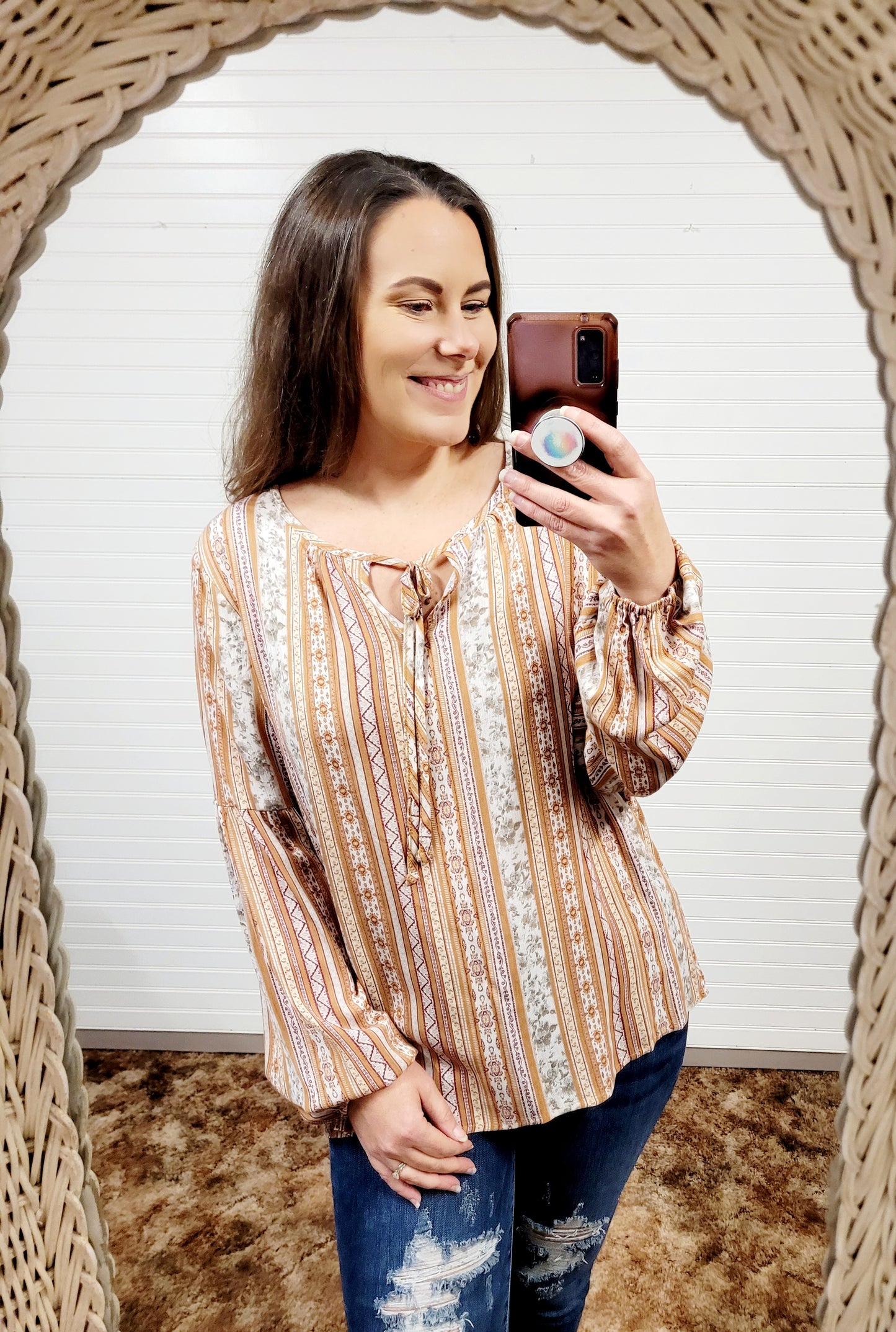 Cotton Bleu Print Front Detail Long Sleeve Top