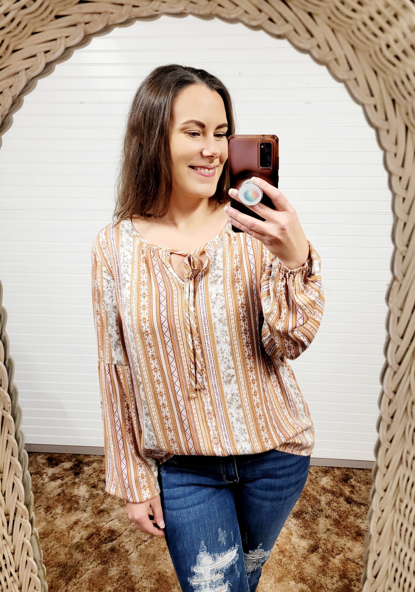 Cotton Bleu Print Front Detail Long Sleeve Top