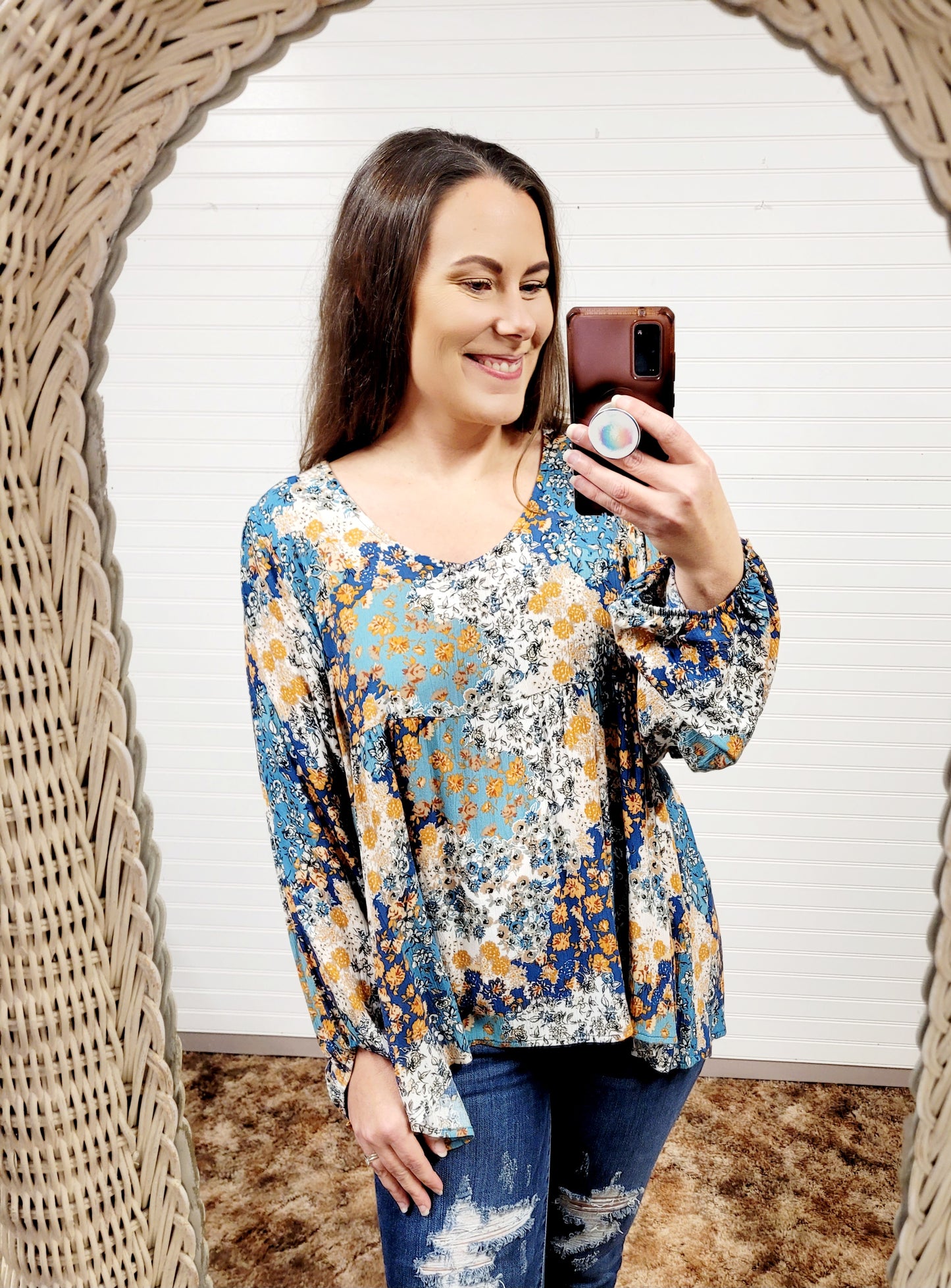Cotton Bleu Floral Print Puff Sleeve Top