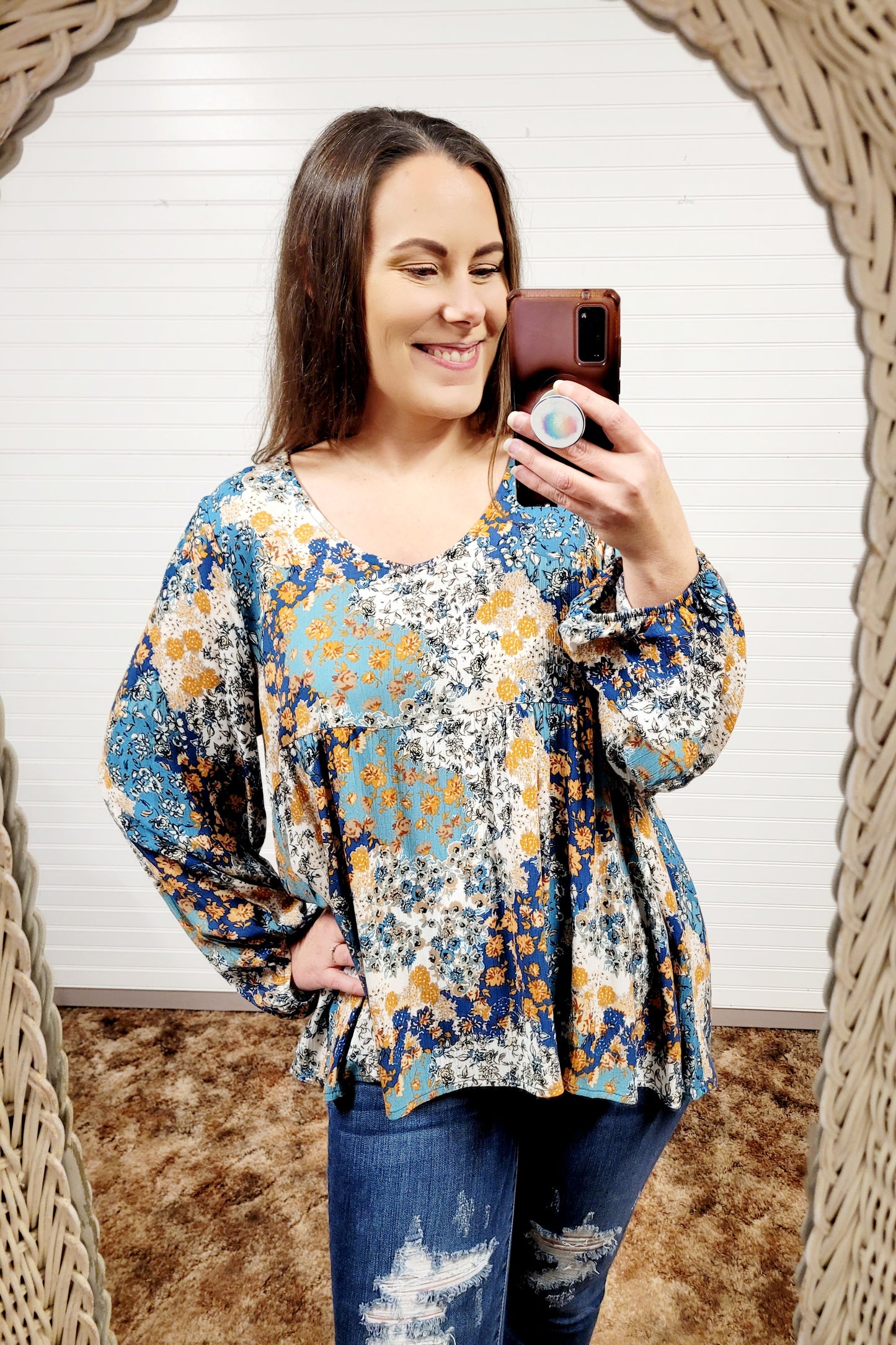 Cotton Bleu Floral Print Puff Sleeve Top