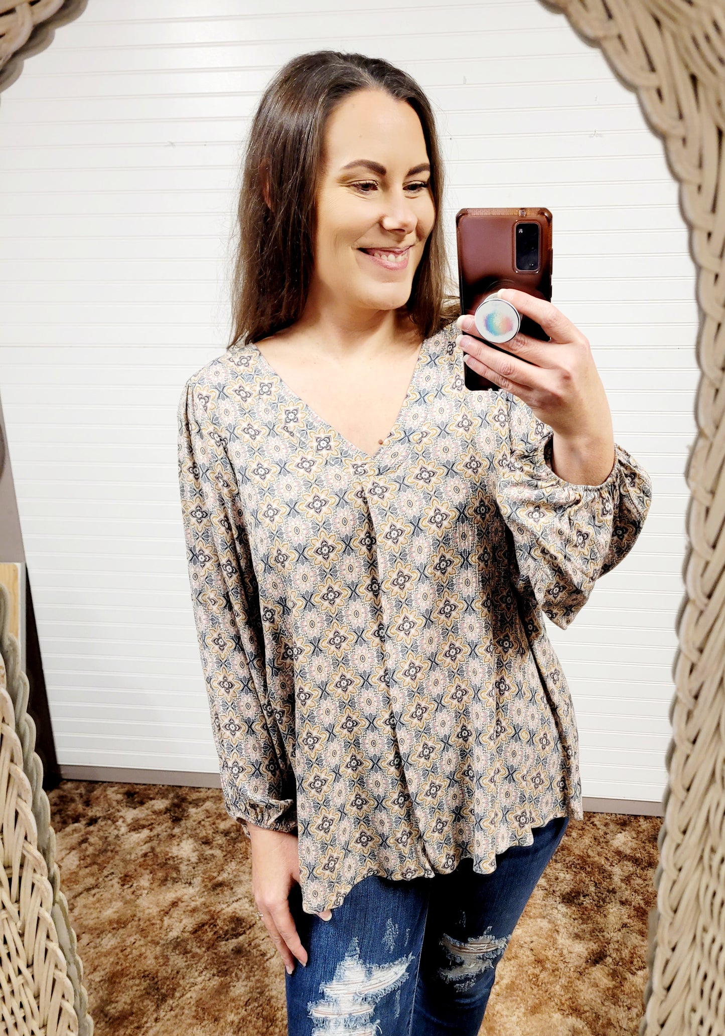 Cotton Bleu Floral Print Bubble Sleeve Top