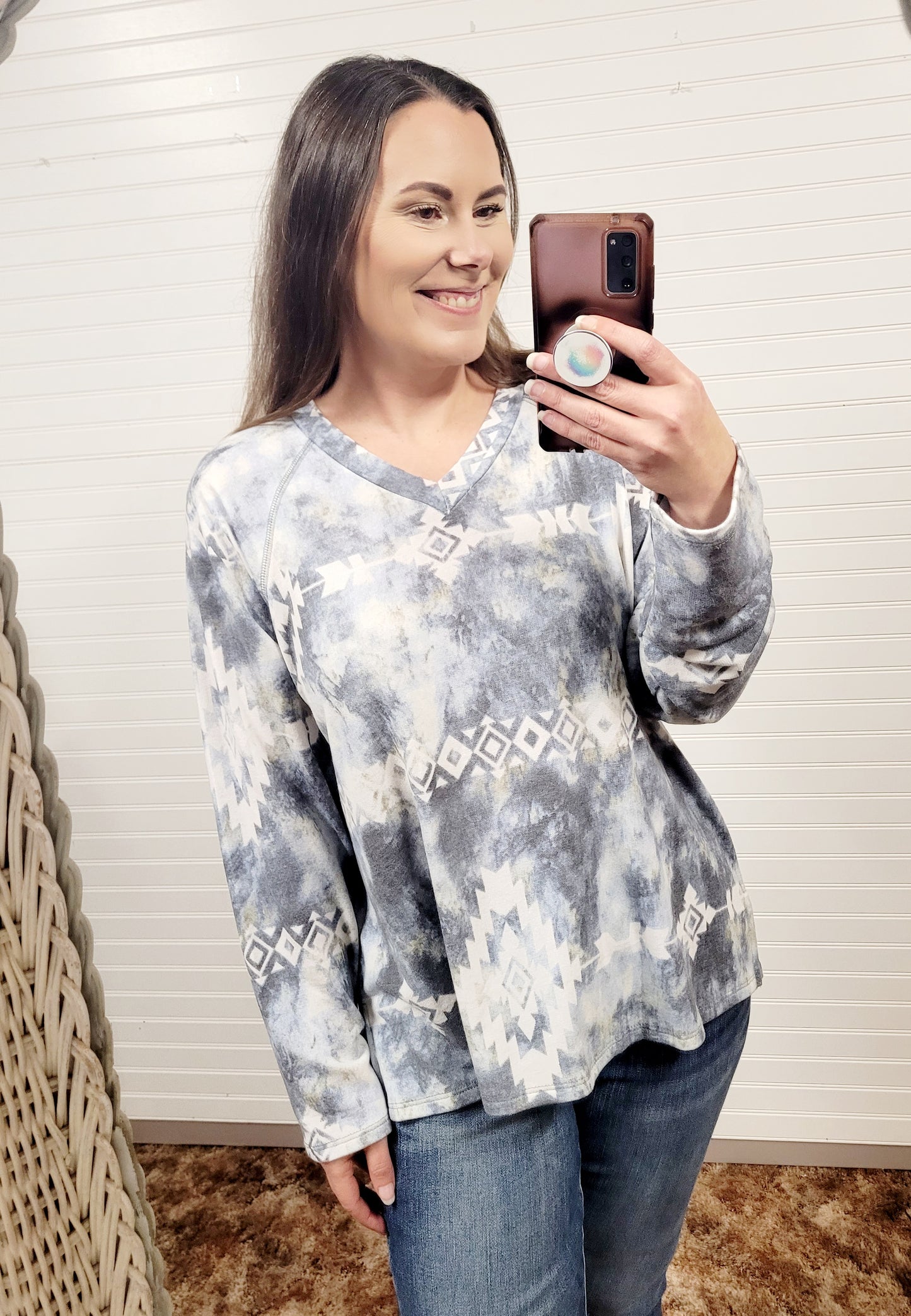 Cotton Bleu Printed V Neck Long Sleeve Top