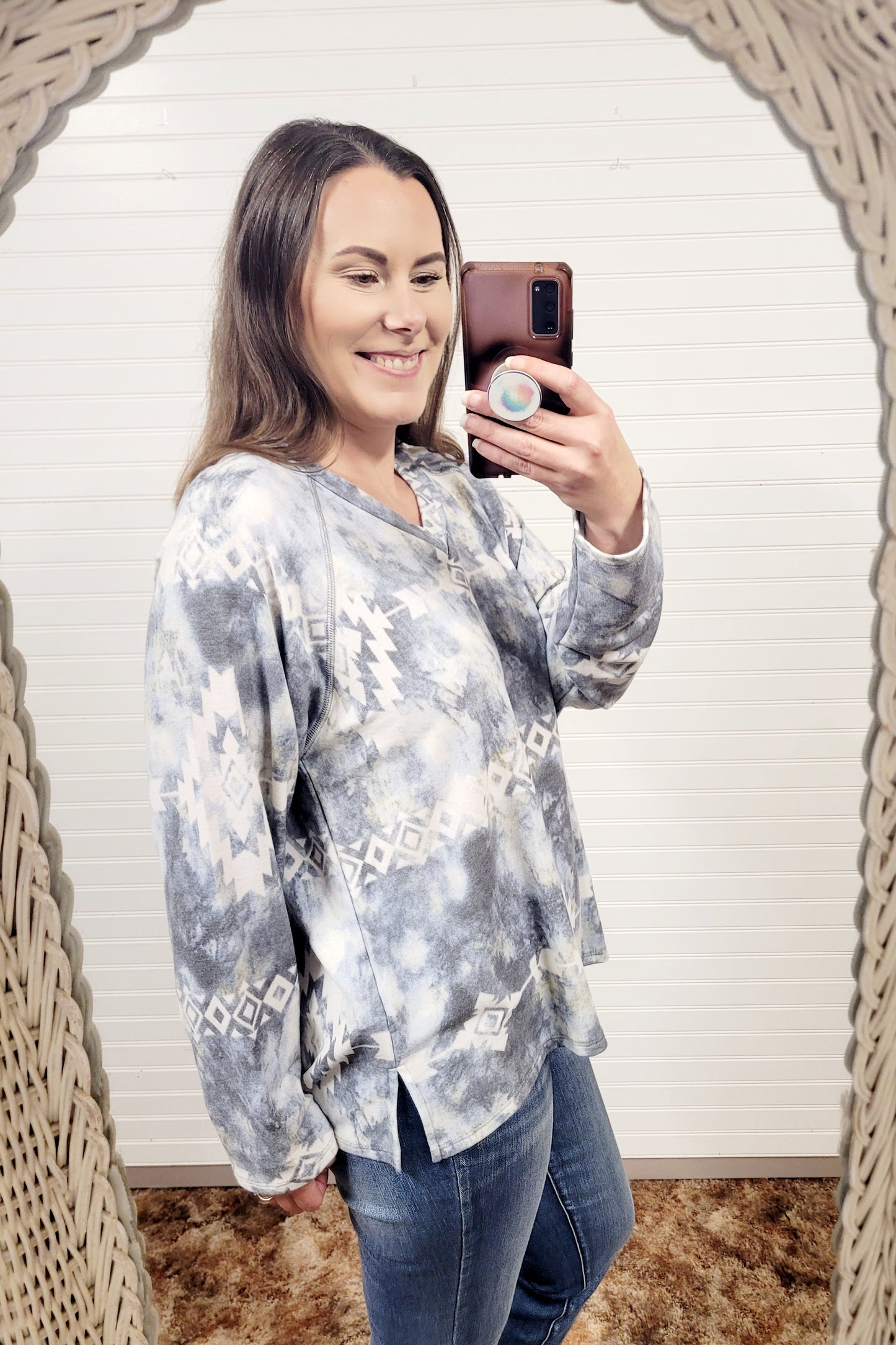 Cotton Bleu Printed V Neck Long Sleeve Top