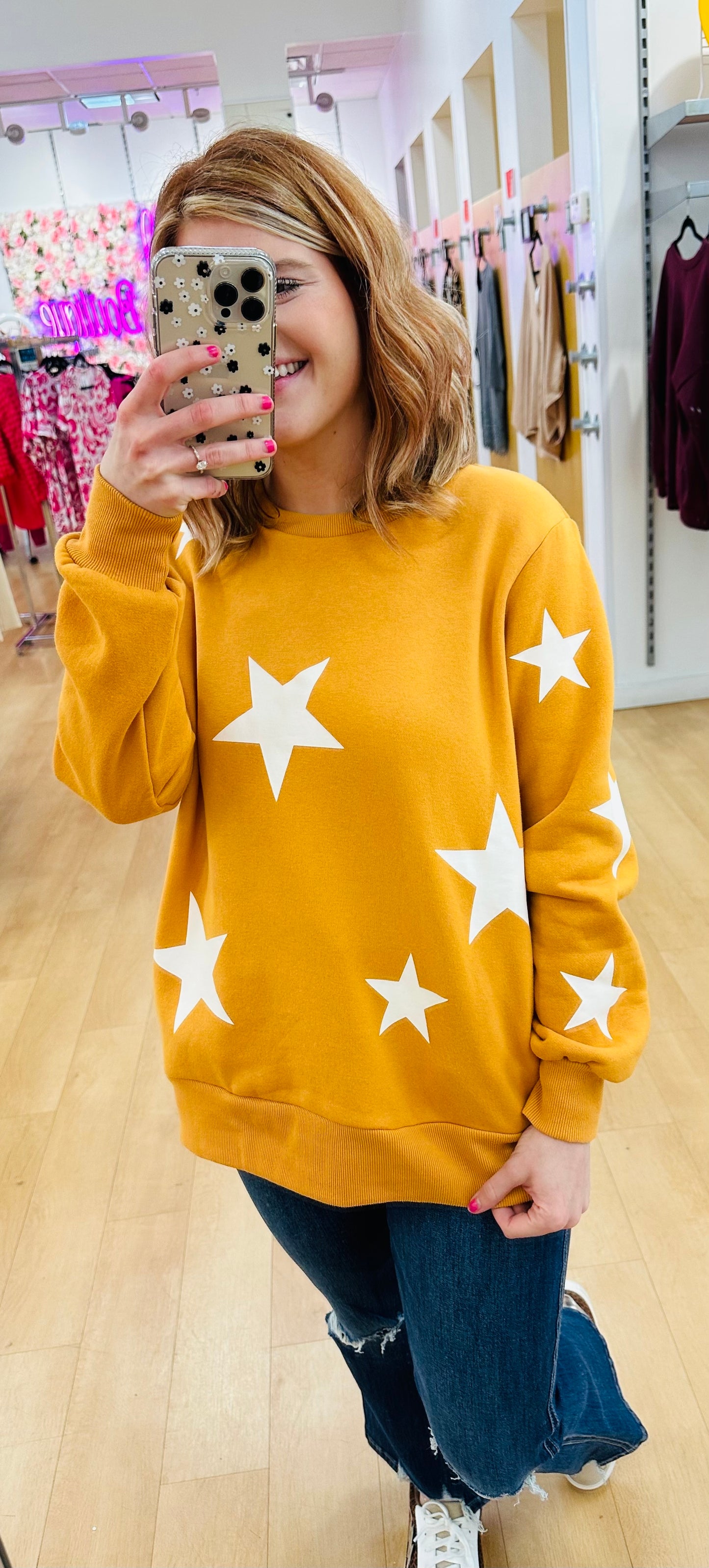 Zenana Star Pattern Round Neck Sweatshirt