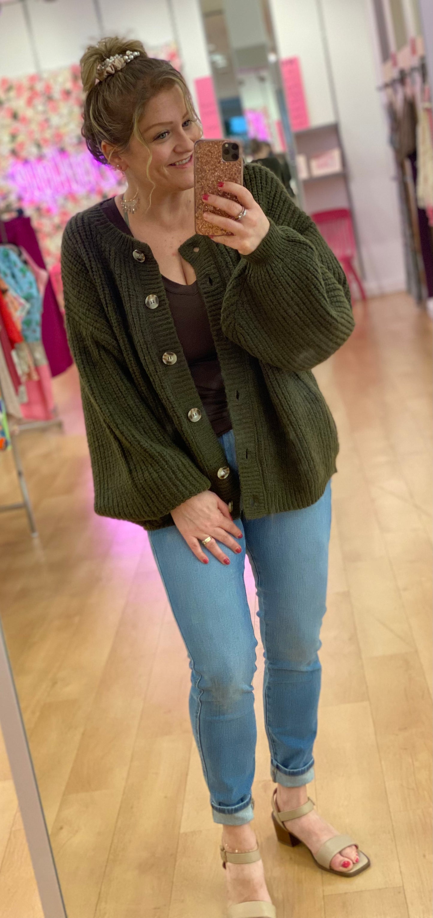 Zenana Balloon Sleeve Button Front Cardigan
