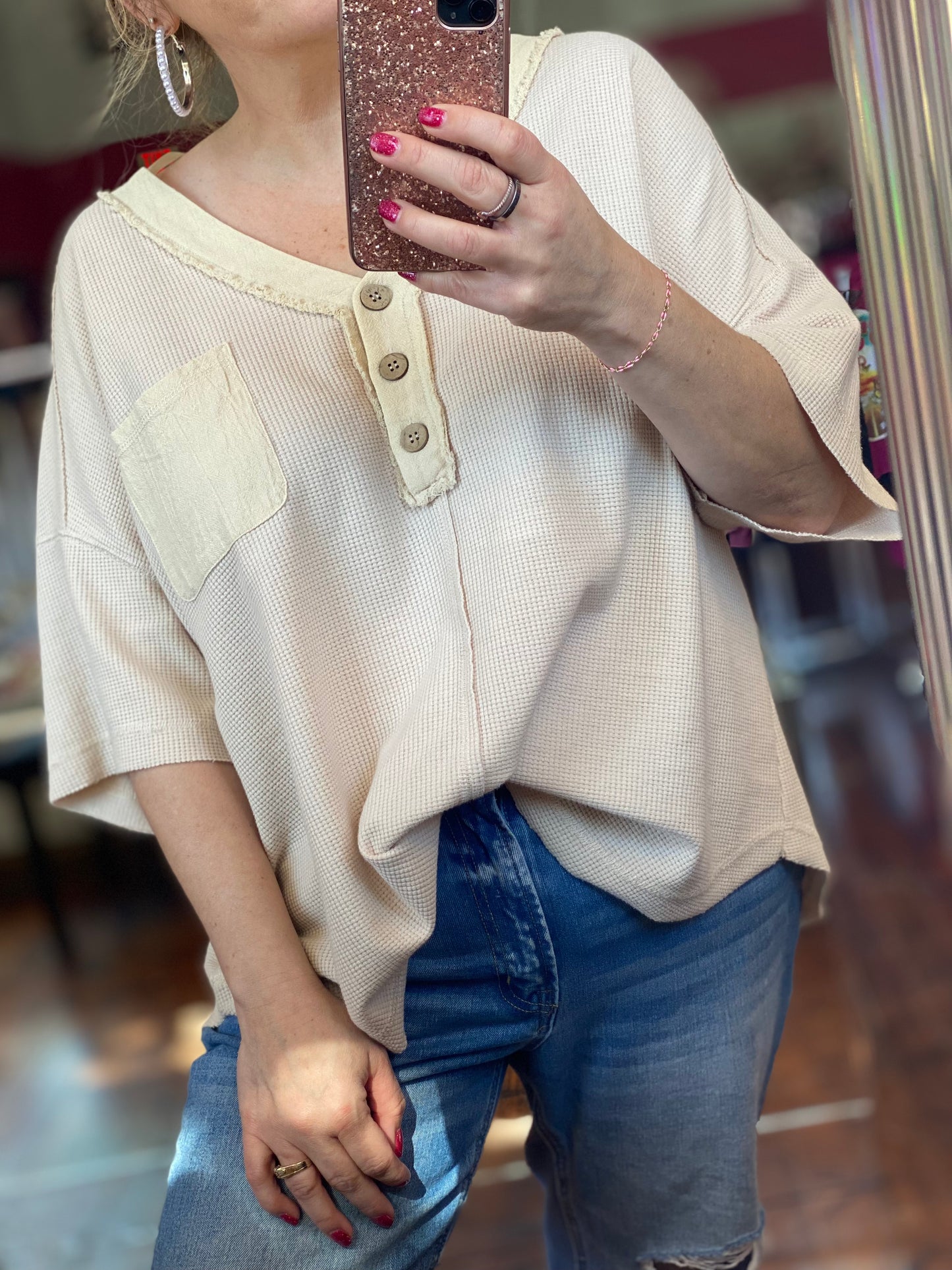 New In Waffle V Neck