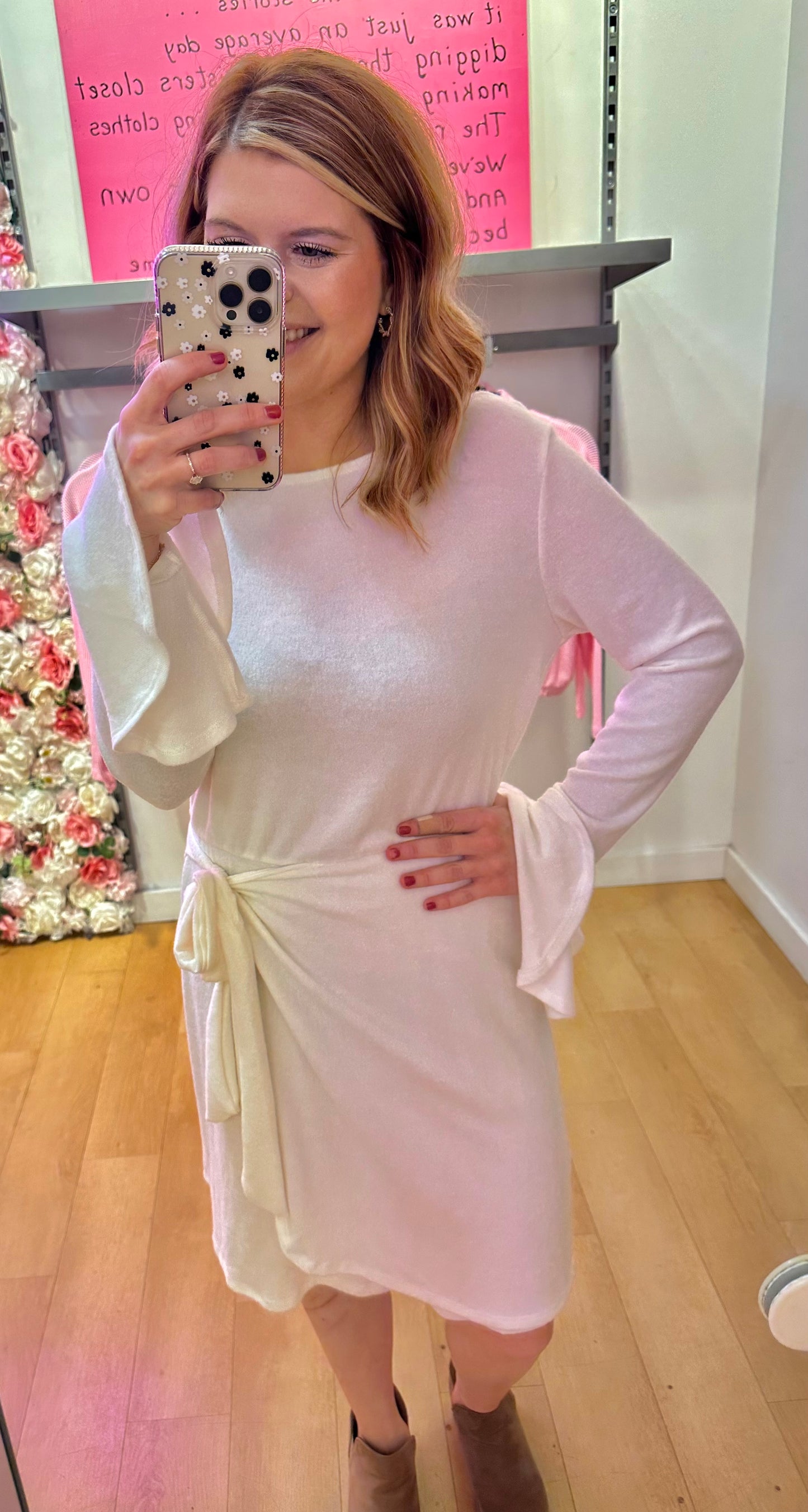 Ruffle Long Sleeve Wrap Tie Dress