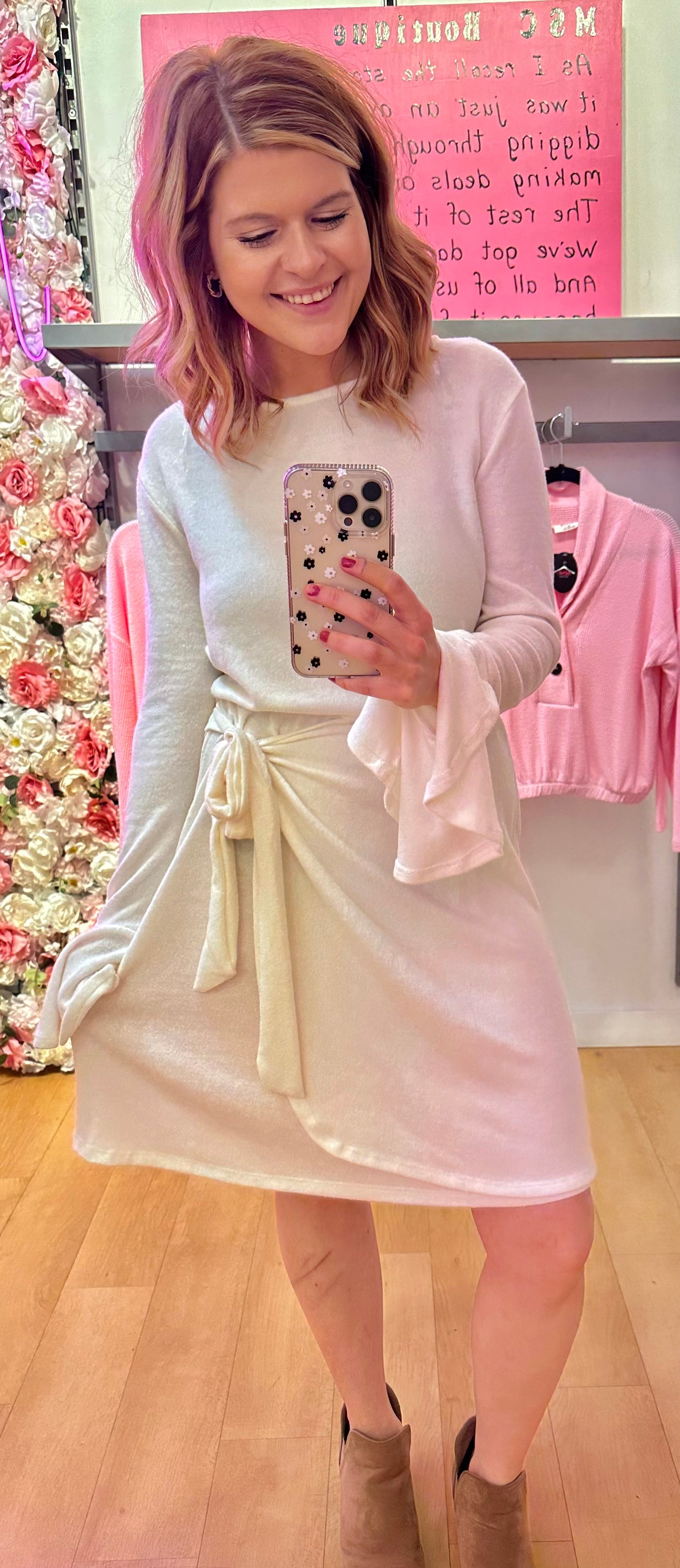 Ruffle Long Sleeve Wrap Tie Dress