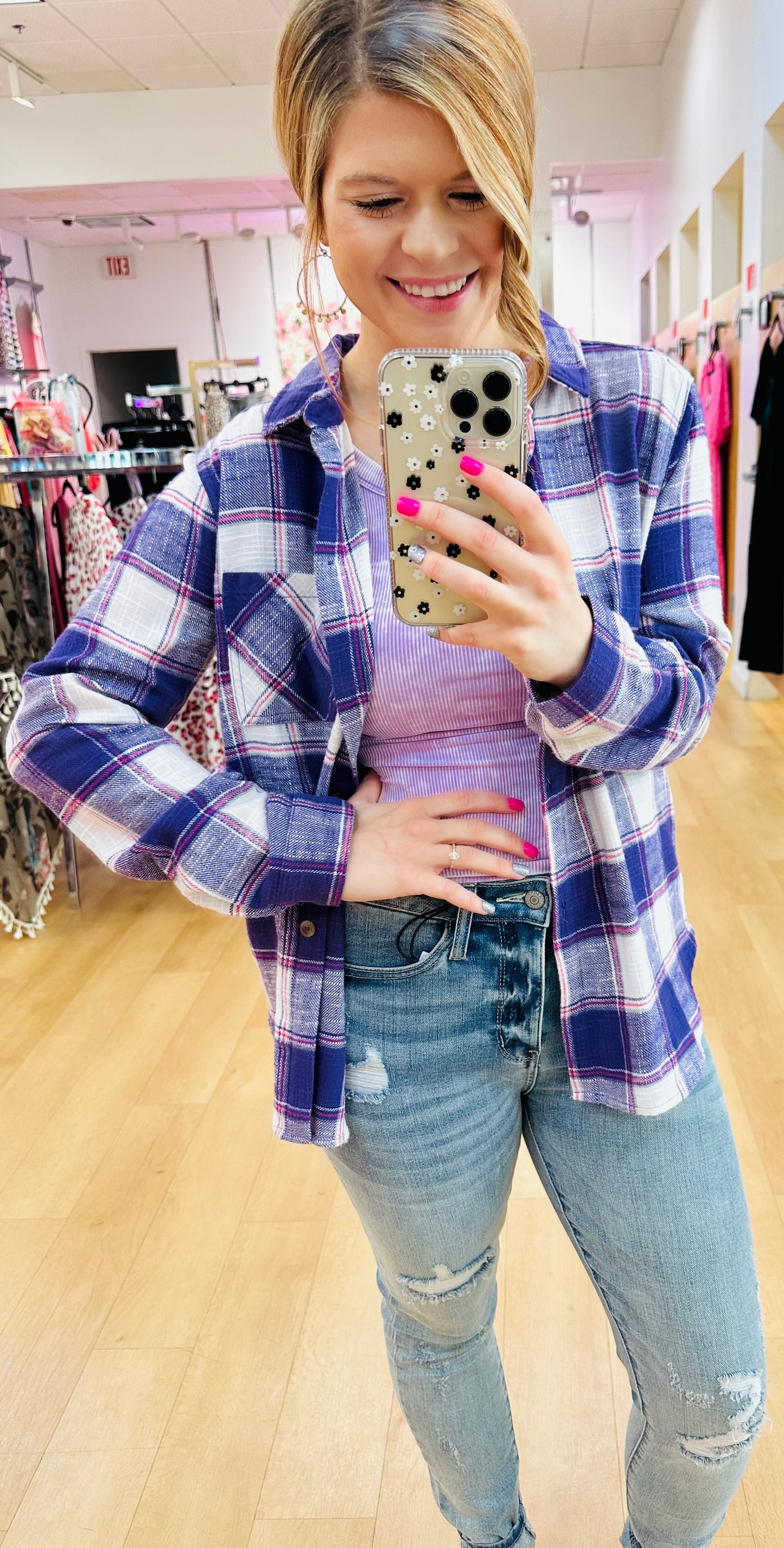 Cotton Plaid Shacket w/ Front Pocket