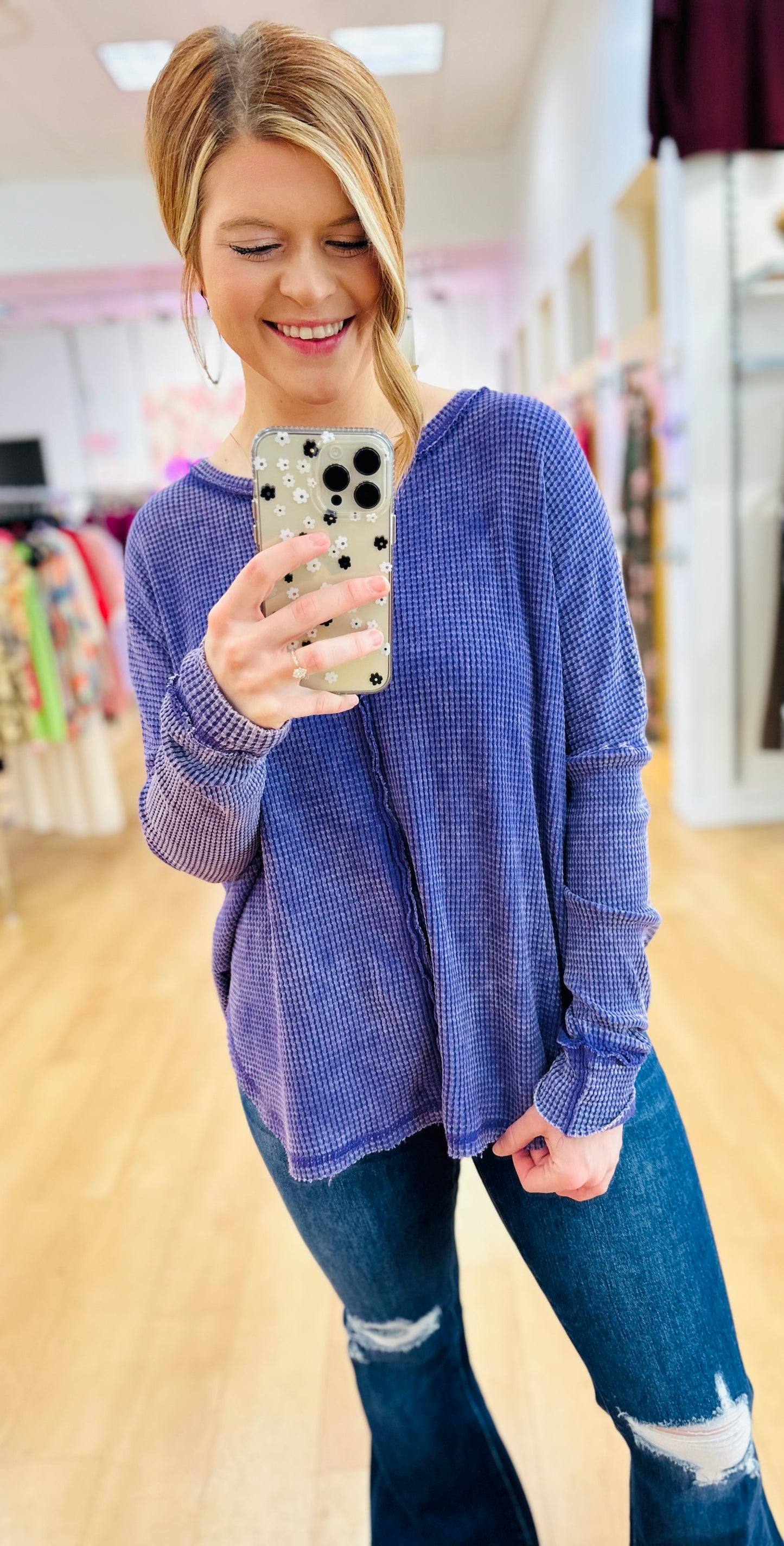 Zenana Oversized Baby Waffle Long Sleeve Top