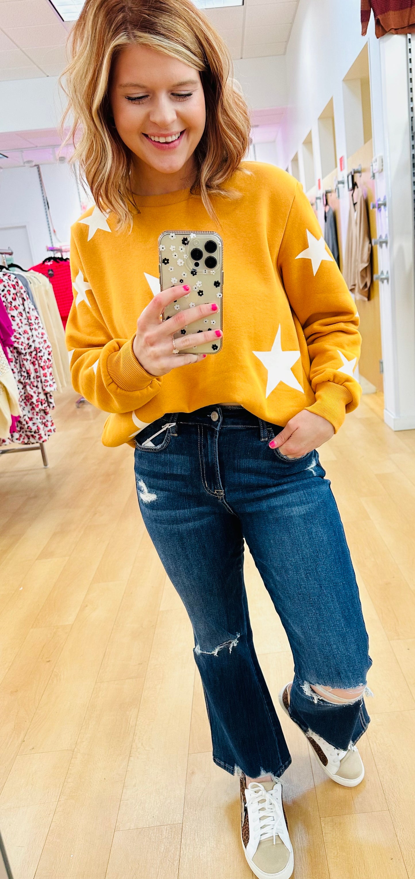 Zenana Star Pattern Round Neck Sweatshirt