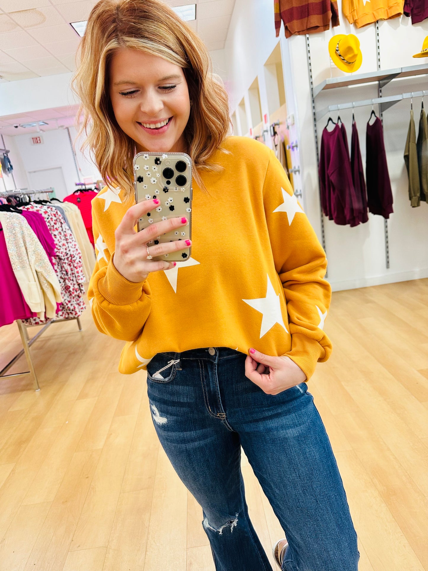 Zenana Star Pattern Round Neck Sweatshirt