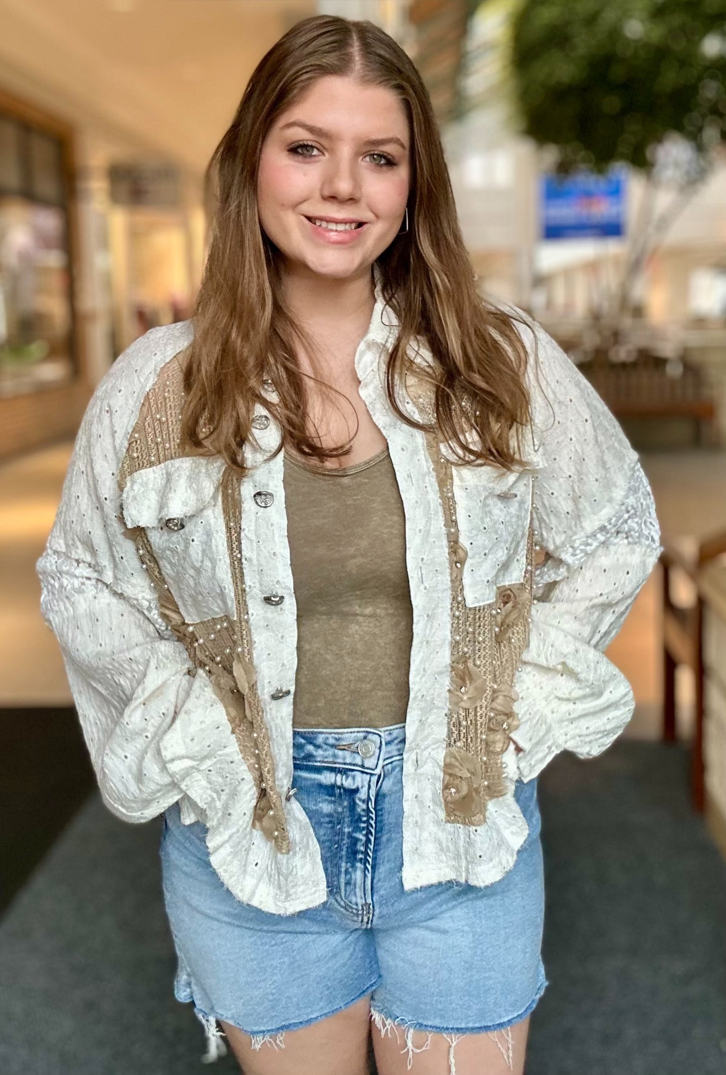 Long Balloon Sleeve Flower Detail Button Down