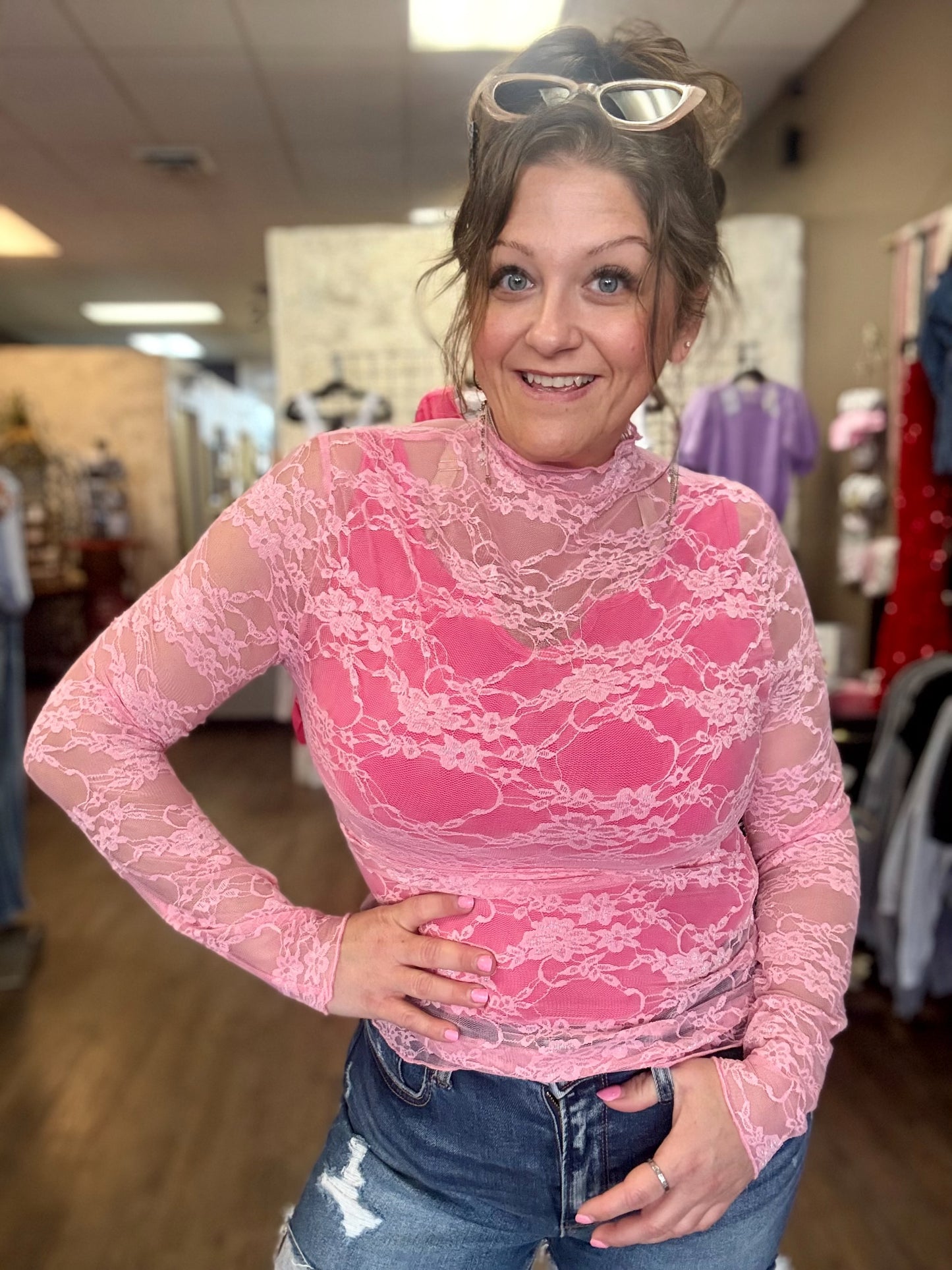 Sheer Floral Lace Long Sleeve Top