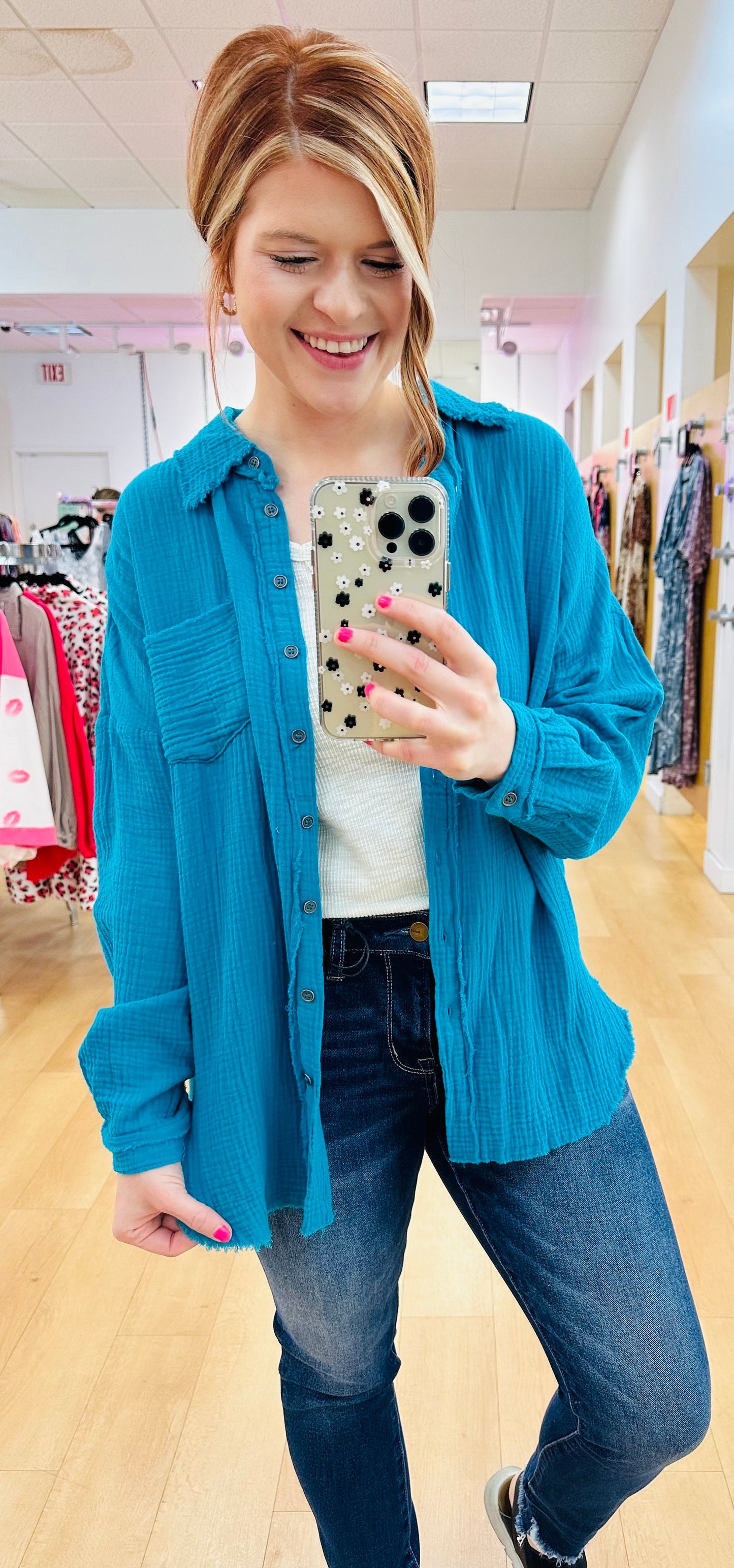 Zenana Double Gauze Oversized Raw Edge Shirt