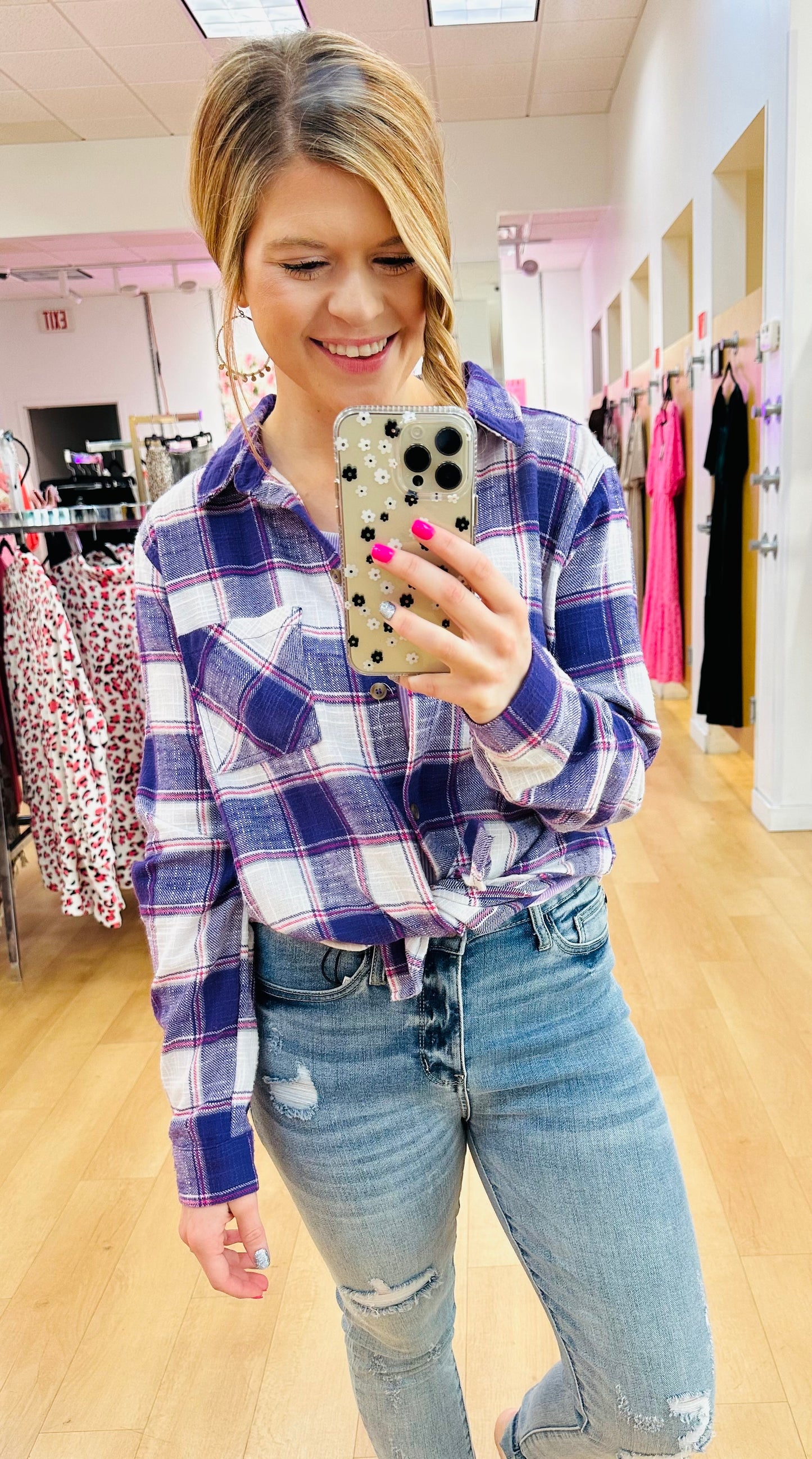 Cotton Plaid Shacket w/ Front Pocket