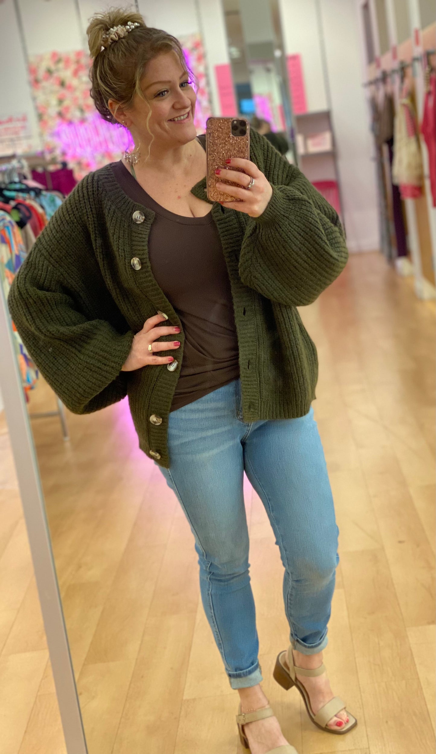 Zenana Balloon Sleeve Button Front Cardigan
