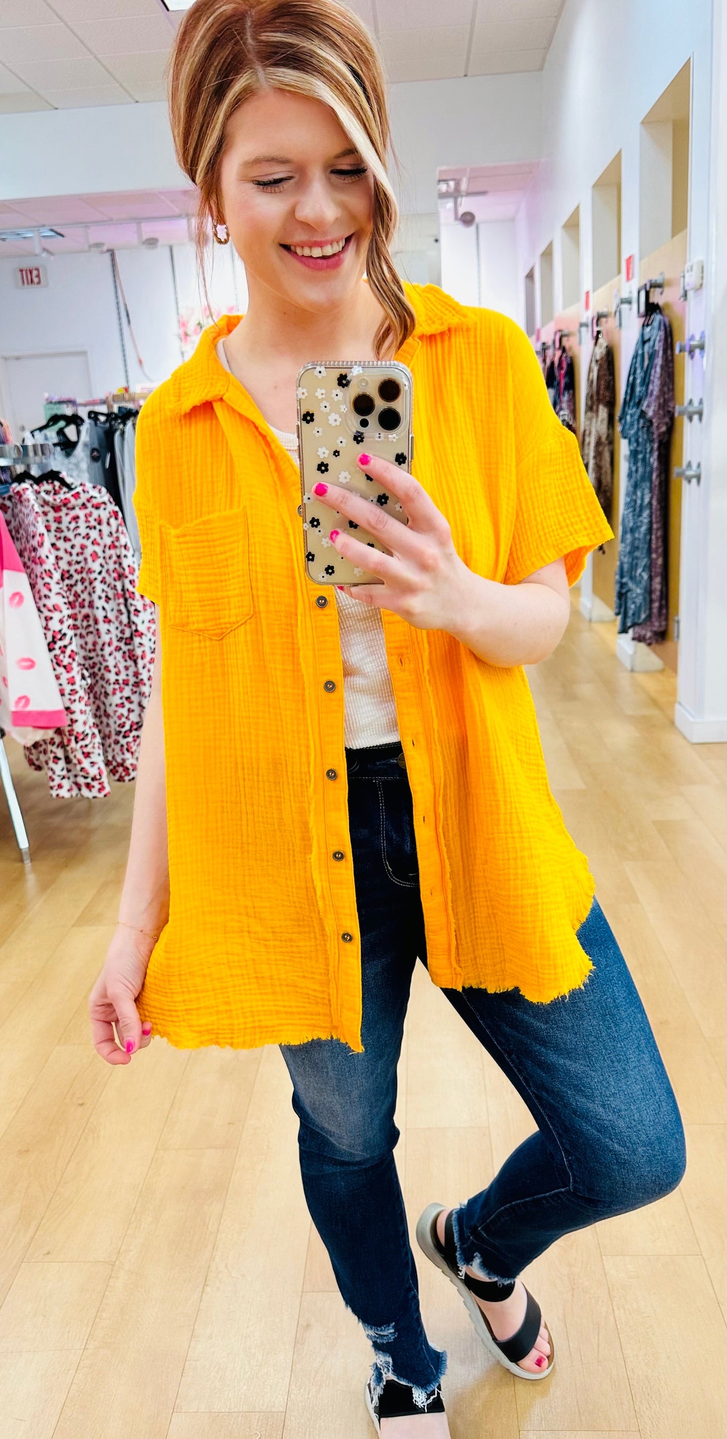 Double Gauze Button Down Raw Edge Shirt Sleeve Shirt