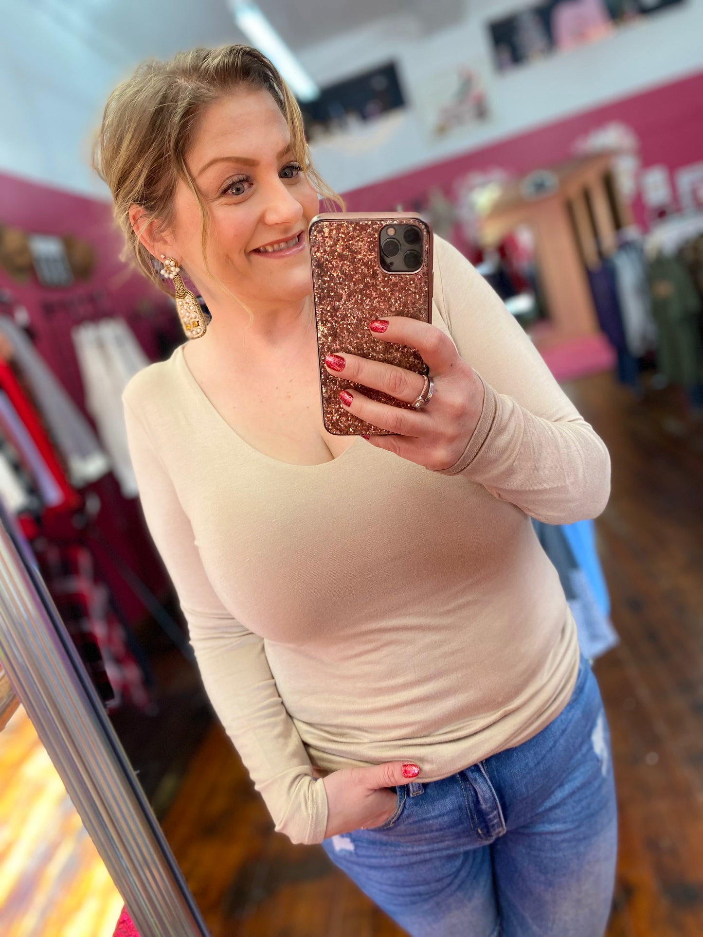 Double Faced V Neck Long Sleeve Top