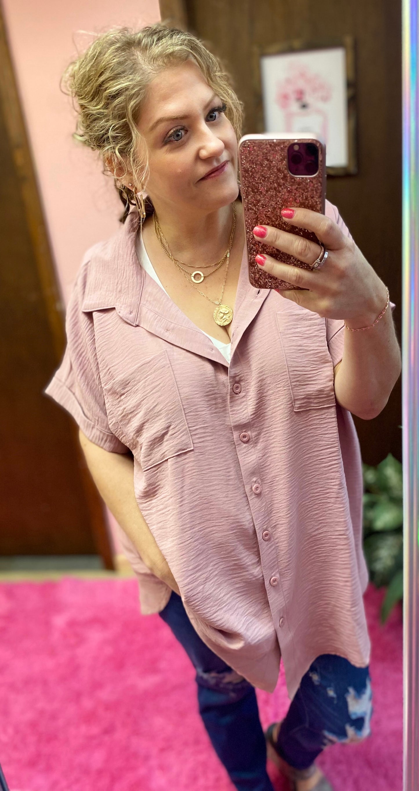 Woven Air Flow Short Cuff Sleeve Button Top
