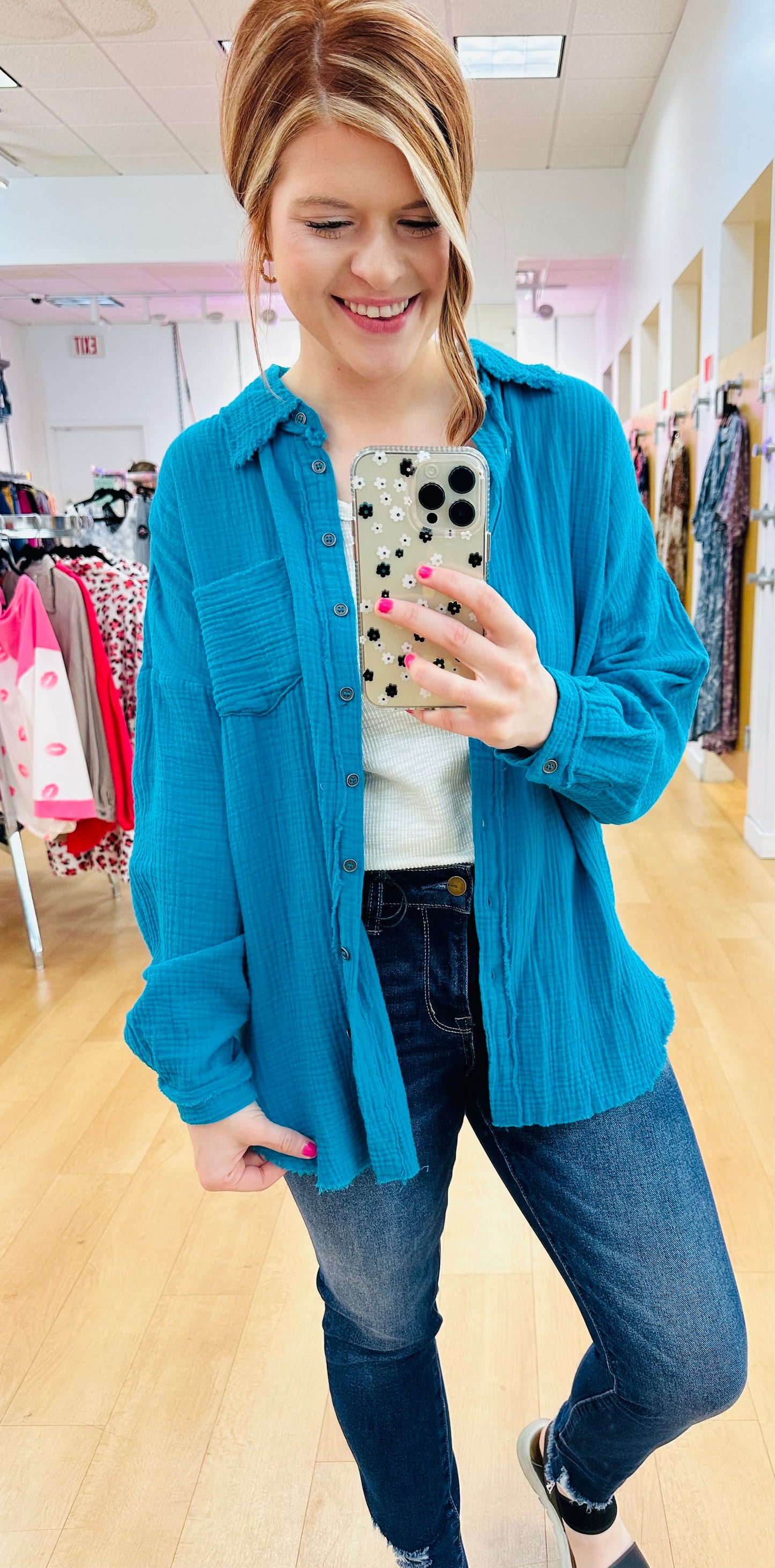 Zenana Double Gauze Oversized Raw Edge Shirt