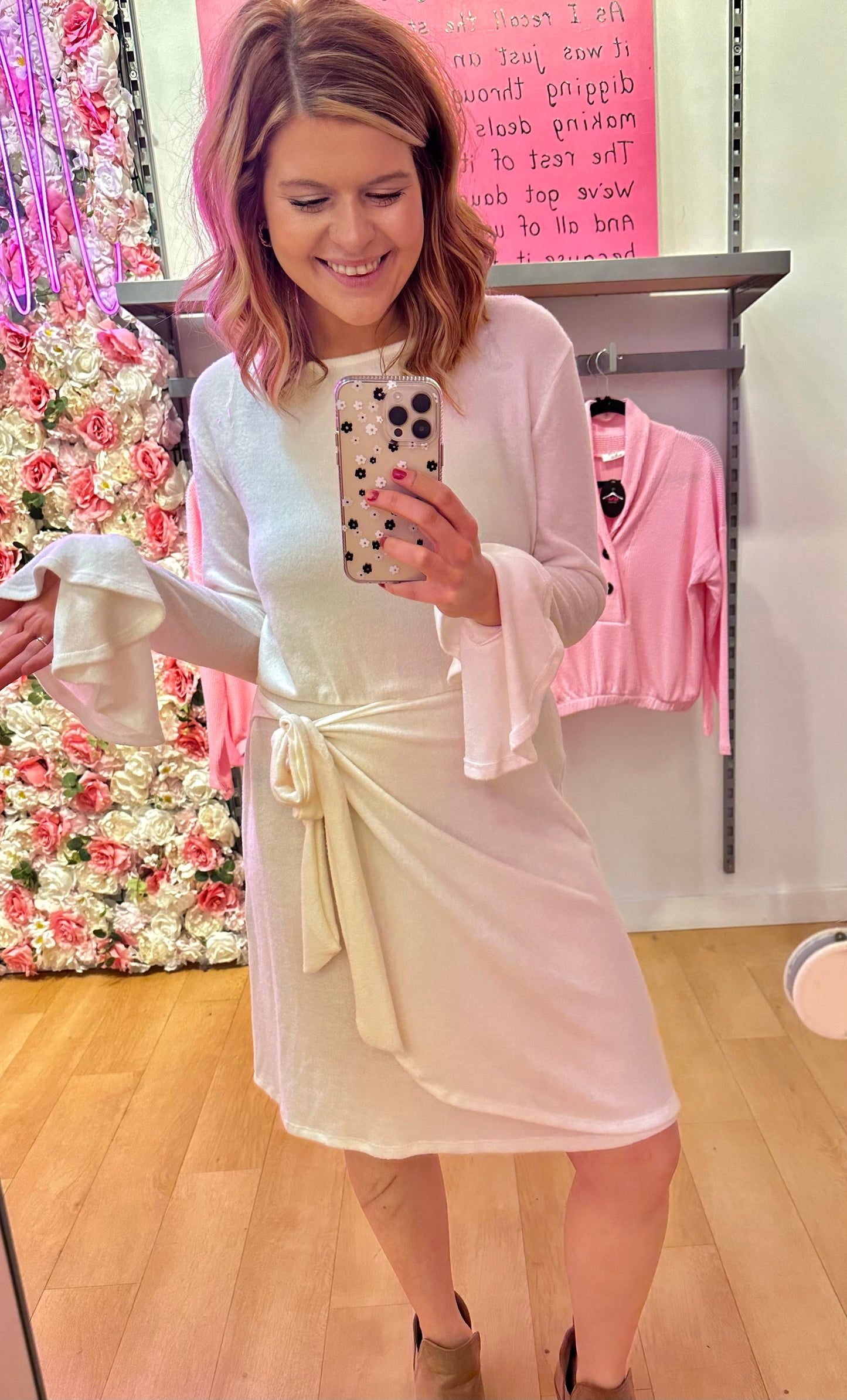 Ruffle Long Sleeve Wrap Tie Dress